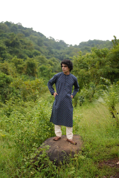 Blue Small Butta Mens Kurta by Hasttvam with CottonFloralFestive WearBlueHandmade by artisans, Festive Wear, Floral, Natural dyes, Respondible production and Vegan at Kamakhyaa for sustainable fashion