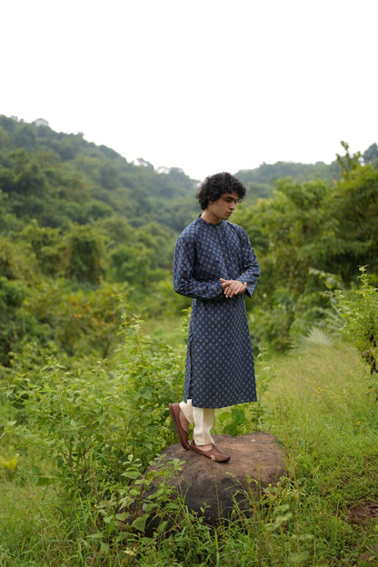 Blue Small Butta Mens Kurta by Hasttvam with CottonFloralFestive WearBlueHandmade by artisans, Festive Wear, Floral, Natural dyes, Respondible production and Vegan at Kamakhyaa for sustainable fashion