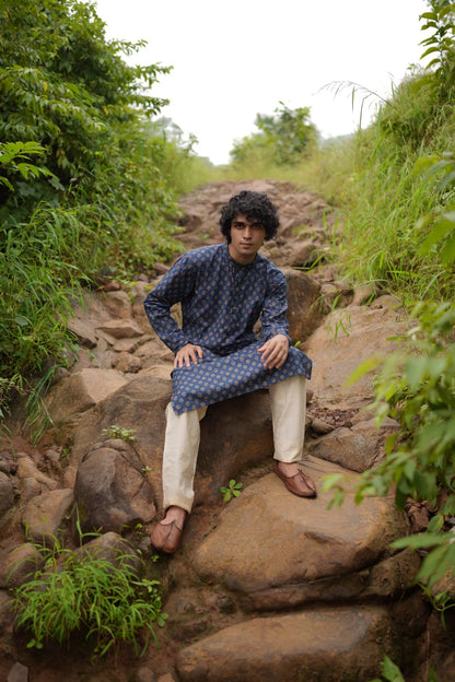 Blue Small Butta Mens Kurta by Hasttvam with CottonFloralFestive WearBlueHandmade by artisans, Festive Wear, Floral, Natural dyes, Respondible production and Vegan at Kamakhyaa for sustainable fashion