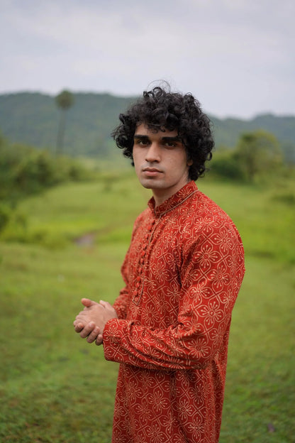 Red With White Butta Mens Kurta by Hasttvam with CottonFloralFestive WearRedHandmade by artisans, Natural dyes, Relaxed Fit, Respondible production and Vegan at Kamakhyaa for sustainable fashion