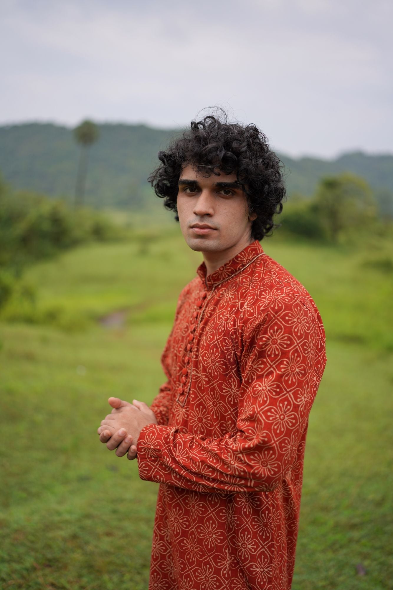 Red Ajrakh floral Kurta by My Store with ajrakh, ajrakh kurta, ajrakh shirt, men's kurta at Kamakhyaa for sustainable fashion