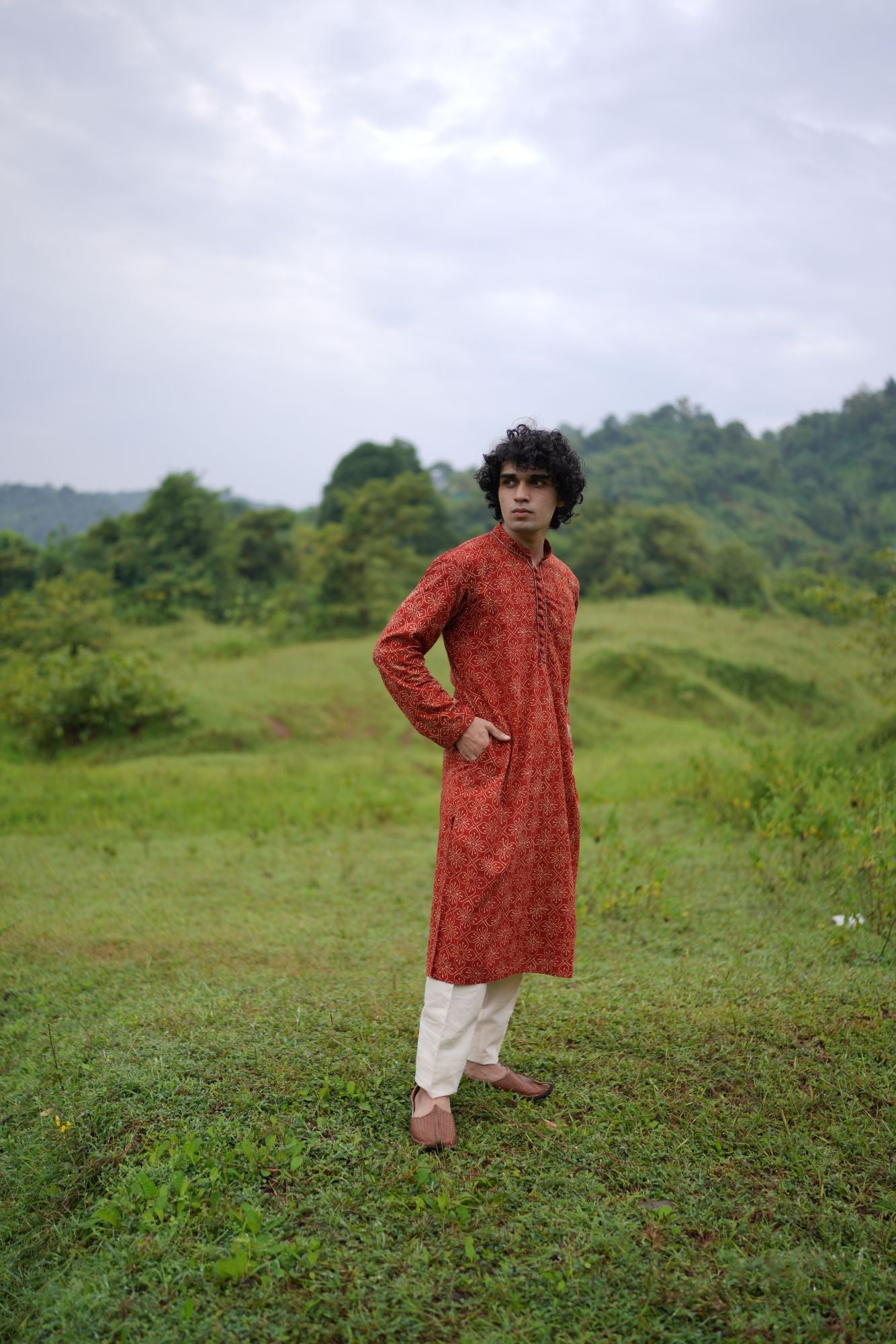 Red Ajrakh floral Kurta by My Store with ajrakh, ajrakh kurta, ajrakh shirt, men's kurta at Kamakhyaa for sustainable fashion