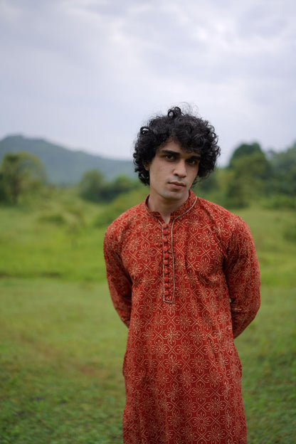 Red Ajrakh floral Kurta by My Store with ajrakh, ajrakh kurta, ajrakh shirt, men's kurta at Kamakhyaa for sustainable fashion