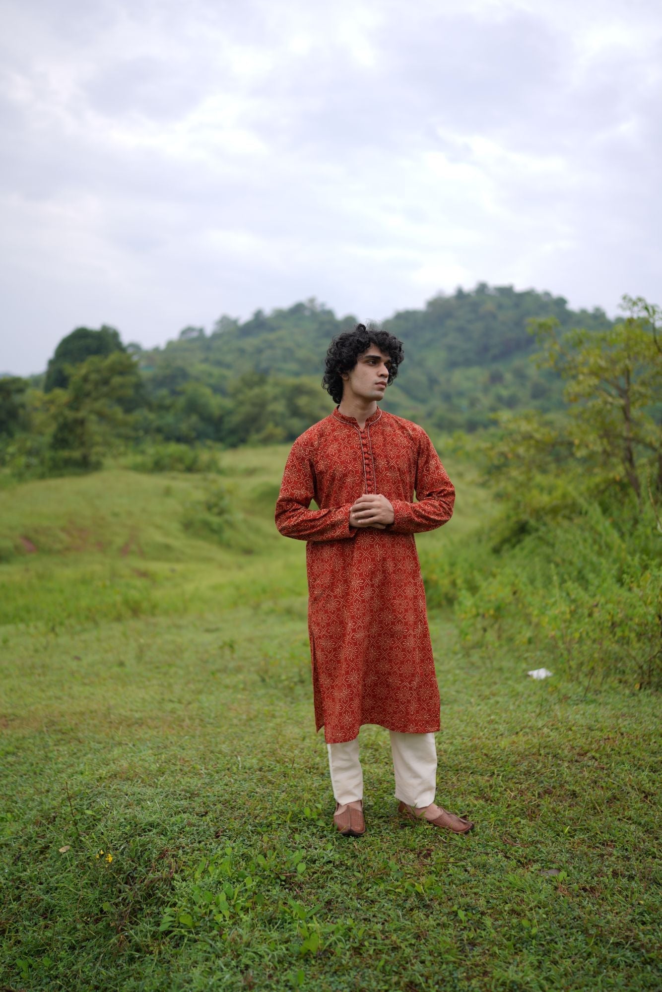 Red Ajrakh floral Kurta by My Store with ajrakh, ajrakh kurta, ajrakh shirt, men's kurta at Kamakhyaa for sustainable fashion