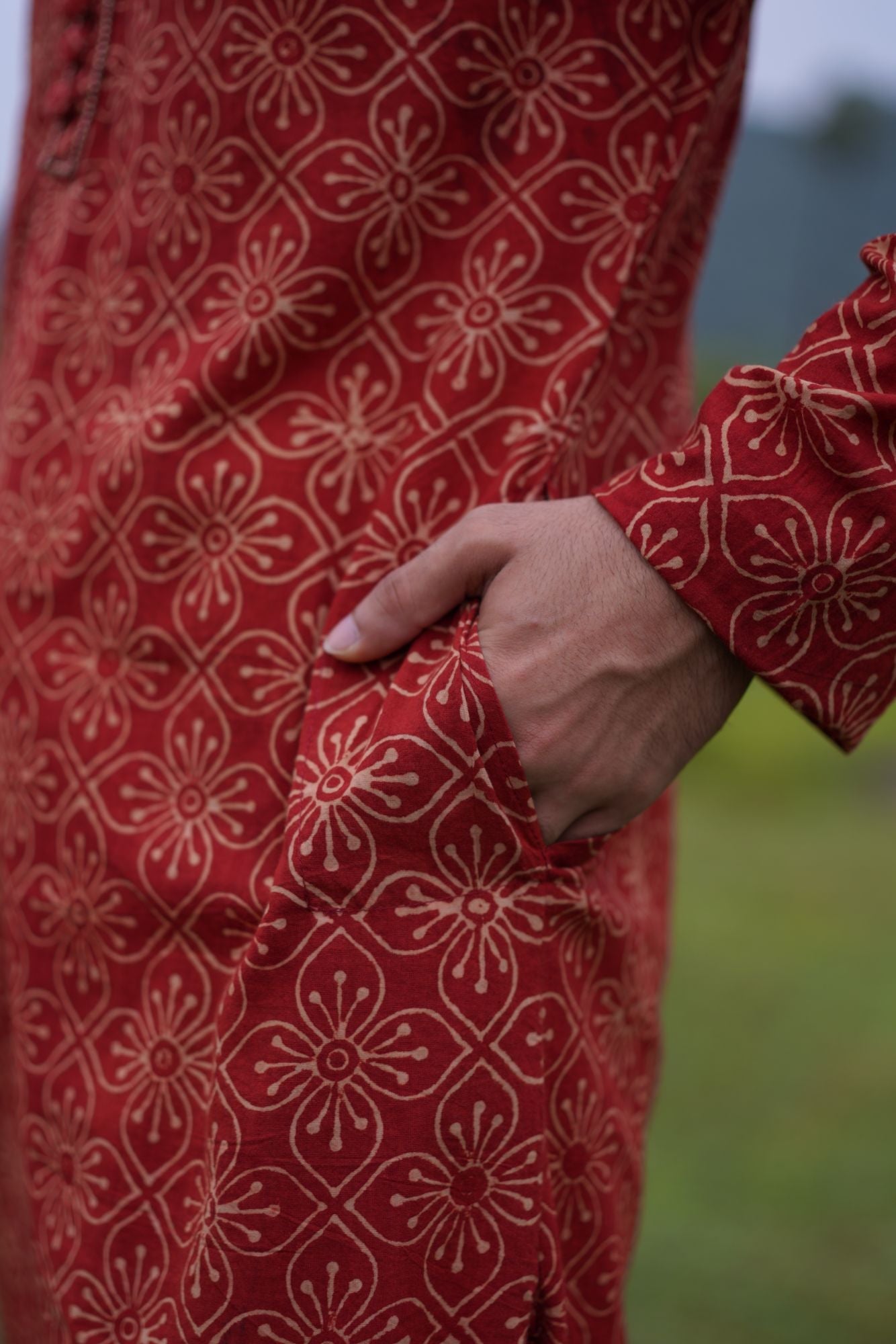 Red Ajrakh floral Kurta by My Store with ajrakh, ajrakh kurta, ajrakh shirt, men's kurta at Kamakhyaa for sustainable fashion