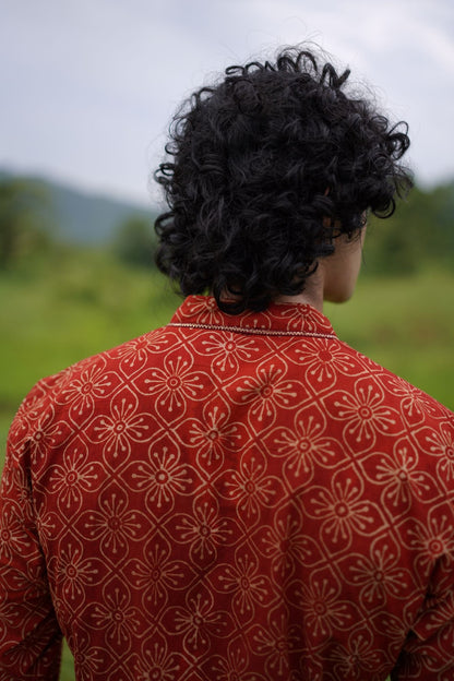 Red Ajrakh floral Kurta by My Store with ajrakh, ajrakh kurta, ajrakh shirt, men's kurta at Kamakhyaa for sustainable fashion