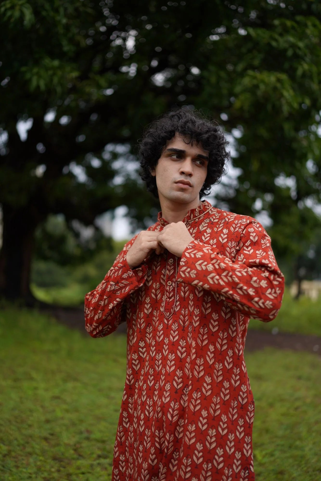 Red With White Leaves Print Mens Kurta by Hasttvam with CottonFloralFestive WearRedHandmade by artisans, Natural dyes, Relaxed Fit, Respondible production and Vegan at Kamakhyaa for sustainable fashion