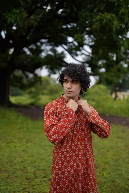 Red With White Leaves Print Mens Kurta by Hasttvam with CottonFloralFestive WearRedHandmade by artisans, Natural dyes, Relaxed Fit, Respondible production and Vegan at Kamakhyaa for sustainable fashion