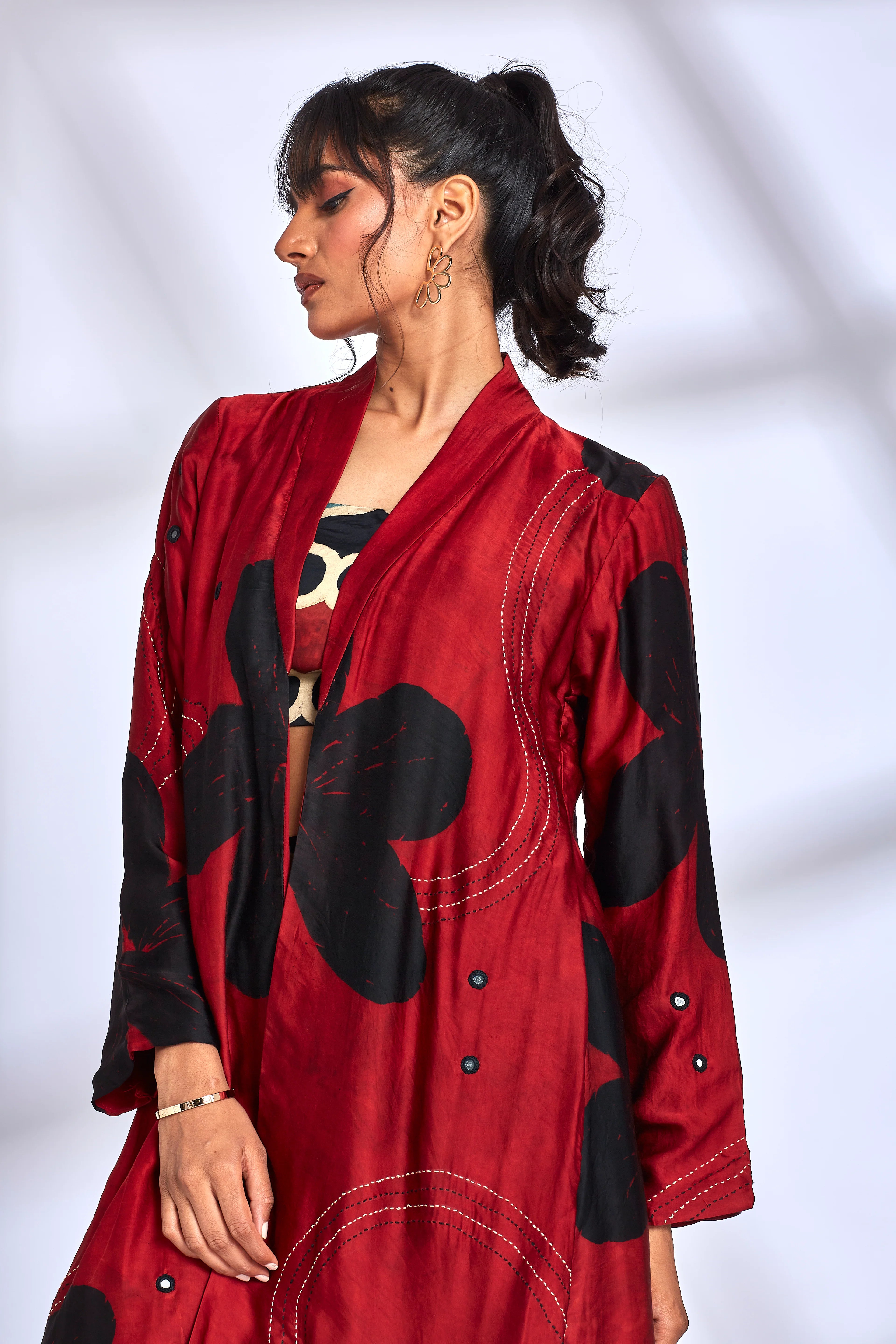 Rosetta Long Jacket by Hasttvam with ModalFloralFusionBlackHandmade by artisans, Natural dyes, Relaxed Fit, Respondible production and Vegan at Kamakhyaa for sustainable fashion