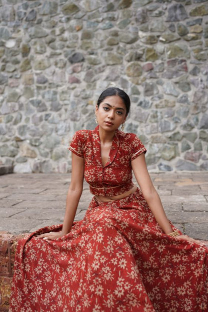 Tara Lehenga Set by My Store with ajrakh, ajrakh blouse, ajrakh lehenga, Lehenga, lehenga set, red blouse at Kamakhyaa for sustainable fashion