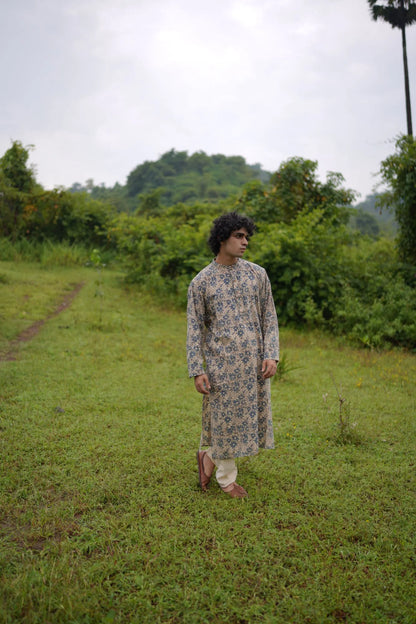 White With Blue Floral Mens Kurta by Hasttvam with CottonFloralFestive WearWhiteHandmade by artisans, Natural dyes, Respondible production and Vegan at Kamakhyaa for sustainable fashion