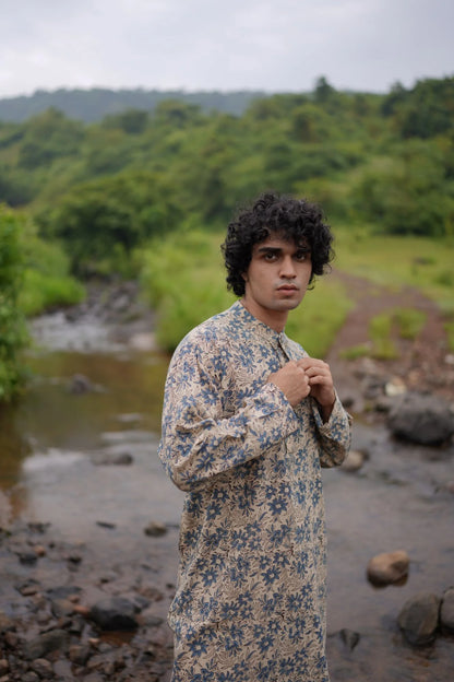 White With Blue Floral Mens Kurta by Hasttvam with CottonFloralFestive WearWhiteHandmade by artisans, Natural dyes, Respondible production and Vegan at Kamakhyaa for sustainable fashion