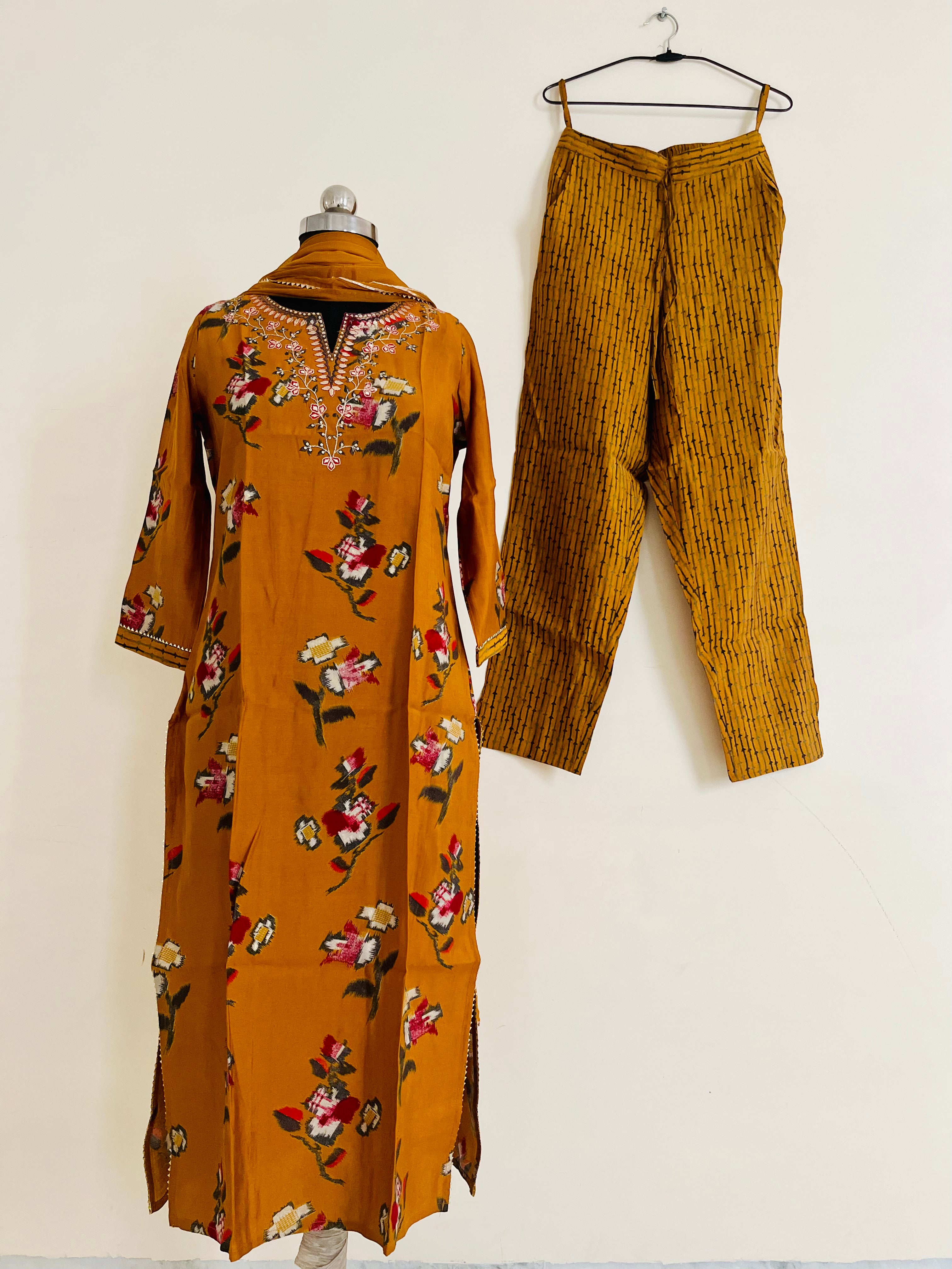 Mustard Kurta Set With Dupatta by Indian Wear with Ethnic Wear, Kurta Pant Sets, Kurta Set with Dupattas, Mustard, Natural, Prints, Rayon, Regular Fit, Womenswear at Kamakhyaa for sustainable fashion