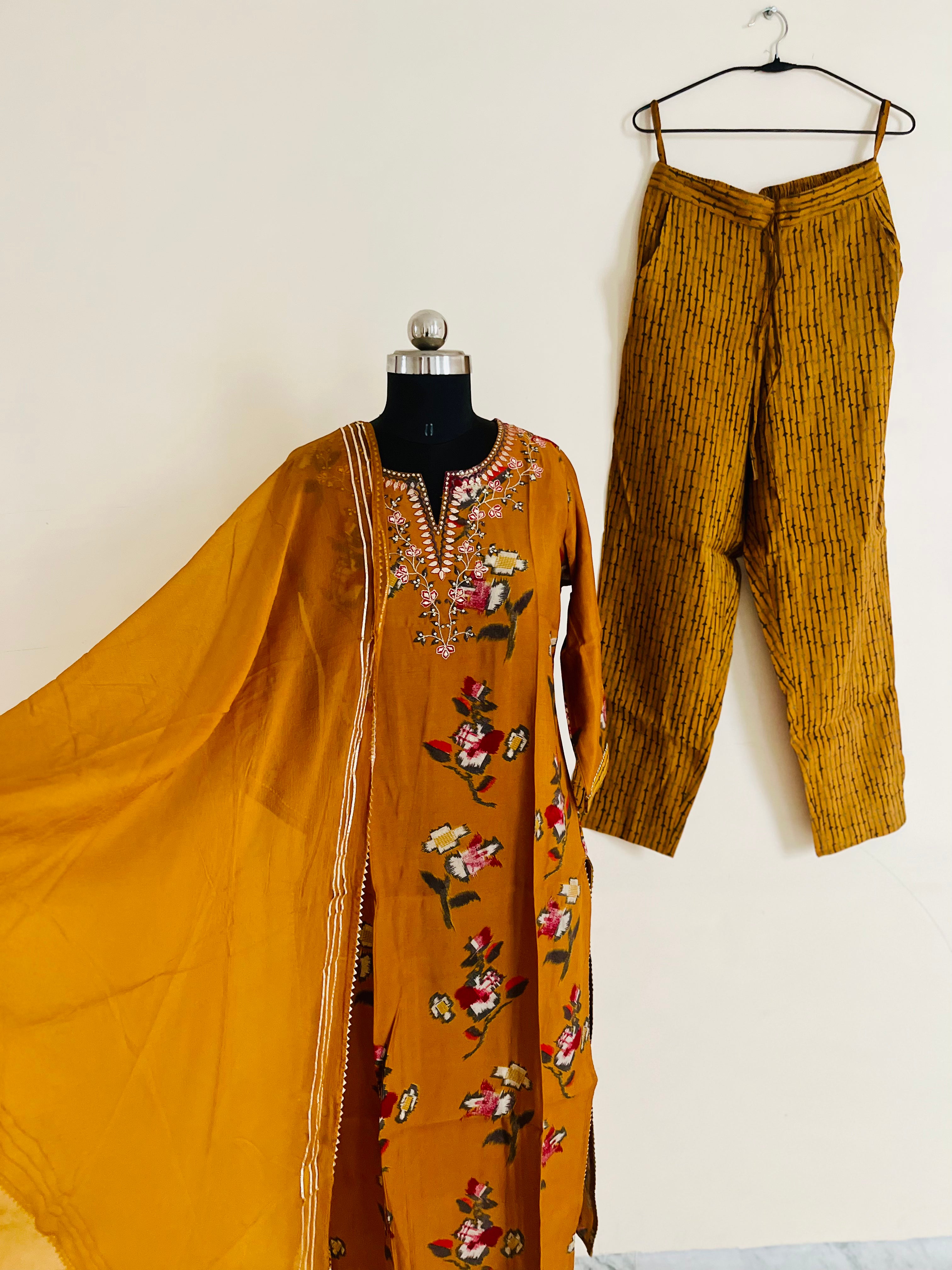 Mustard Kurta Set With Dupatta by Indian Wear with Ethnic Wear, Kurta Pant Sets, Kurta Set with Dupattas, Mustard, Natural, Prints, Rayon, Regular Fit, Womenswear at Kamakhyaa for sustainable fashion