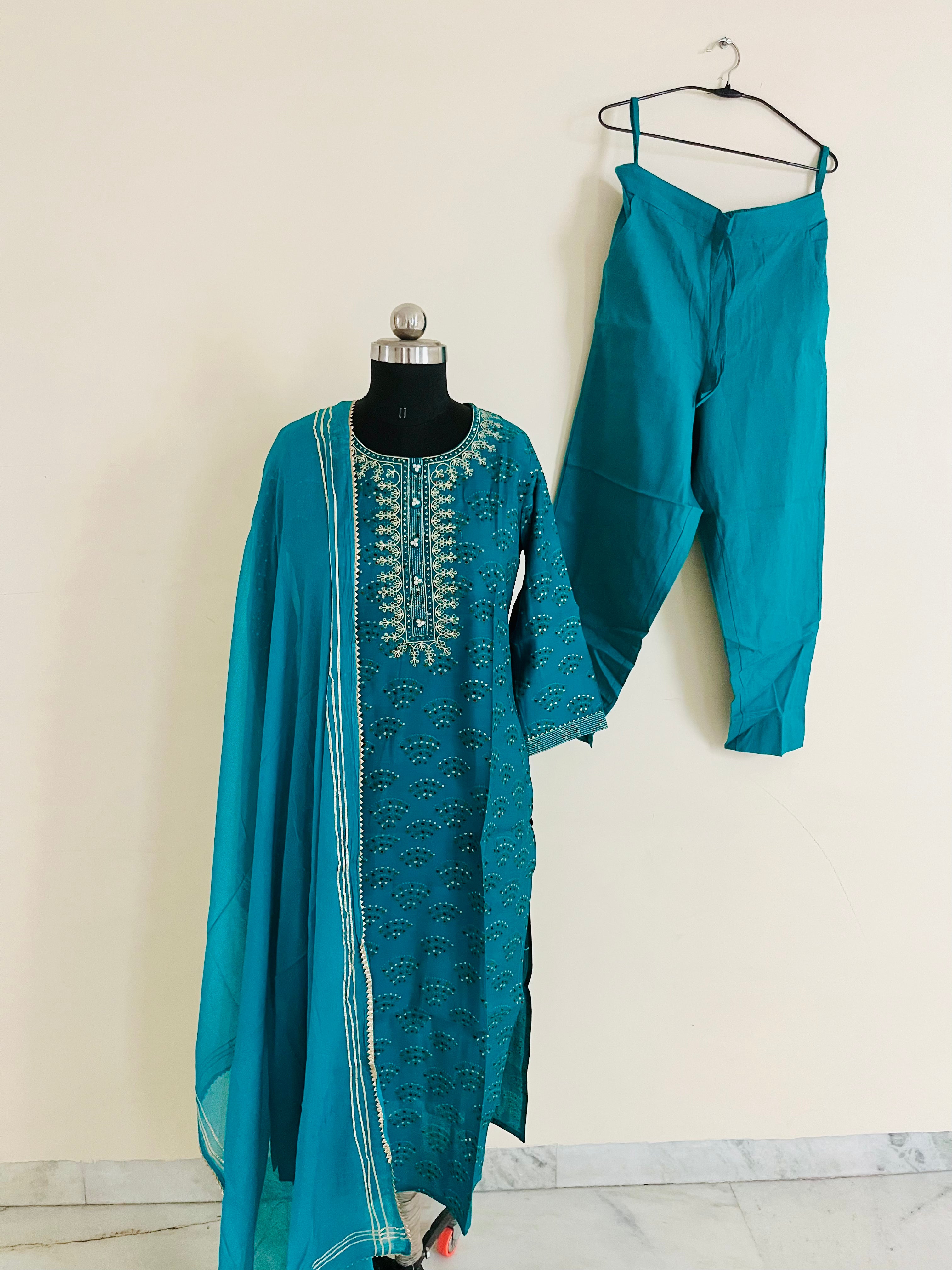 Turquoise Kurta Set With Dupatta by Indian Wear with Ethnic Wear, Indian Wear, Kurta Pant Sets, Kurta Set with Dupattas, Natural, Regular Fit, Turquoise, Womenswear at Kamakhyaa for sustainable fashion