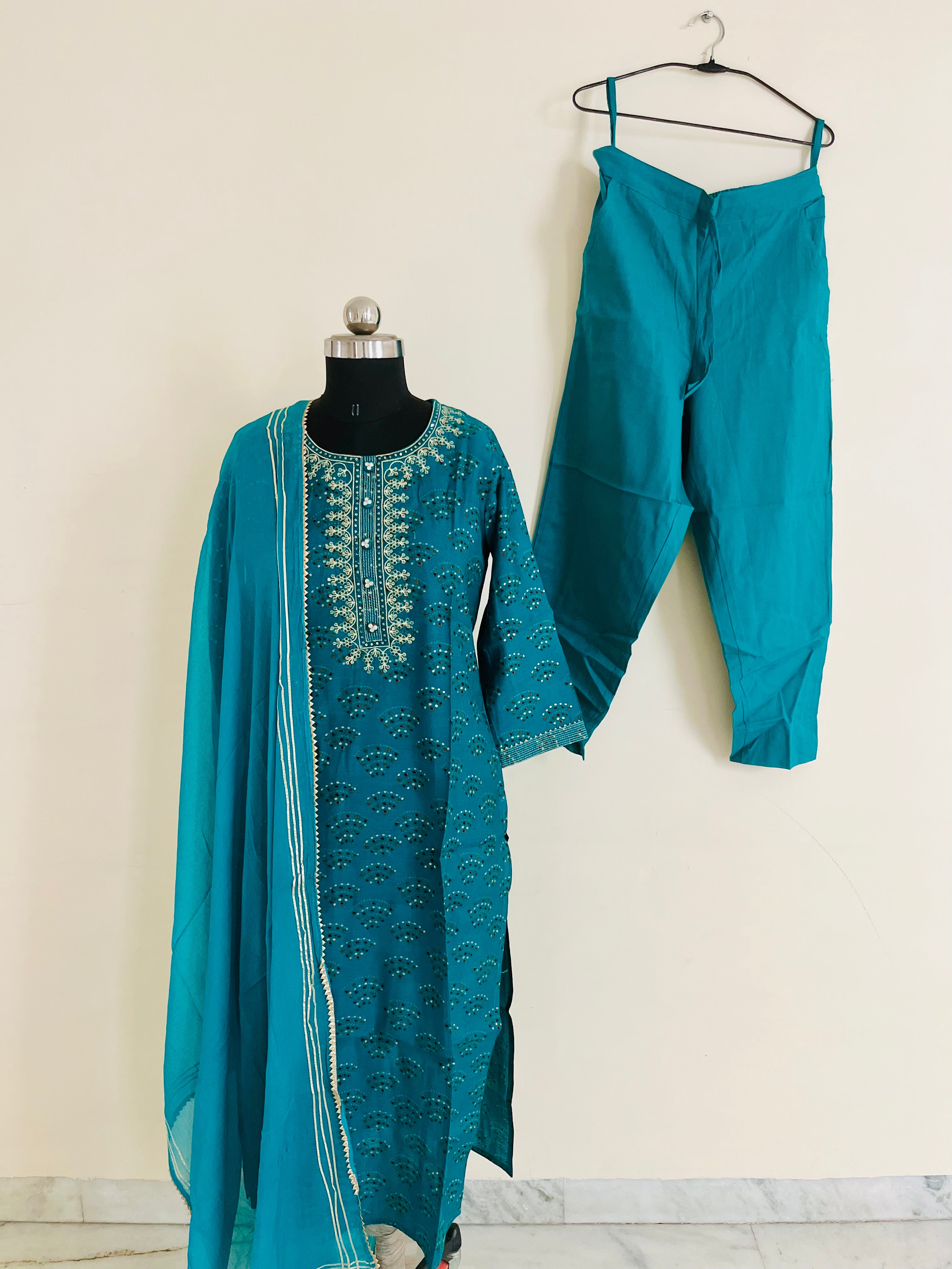 Turquoise Kurta Set With Dupatta by Indian Wear with Ethnic Wear, Indian Wear, Kurta Pant Sets, Kurta Set with Dupattas, Natural, Regular Fit, Turquoise, Womenswear at Kamakhyaa for sustainable fashion