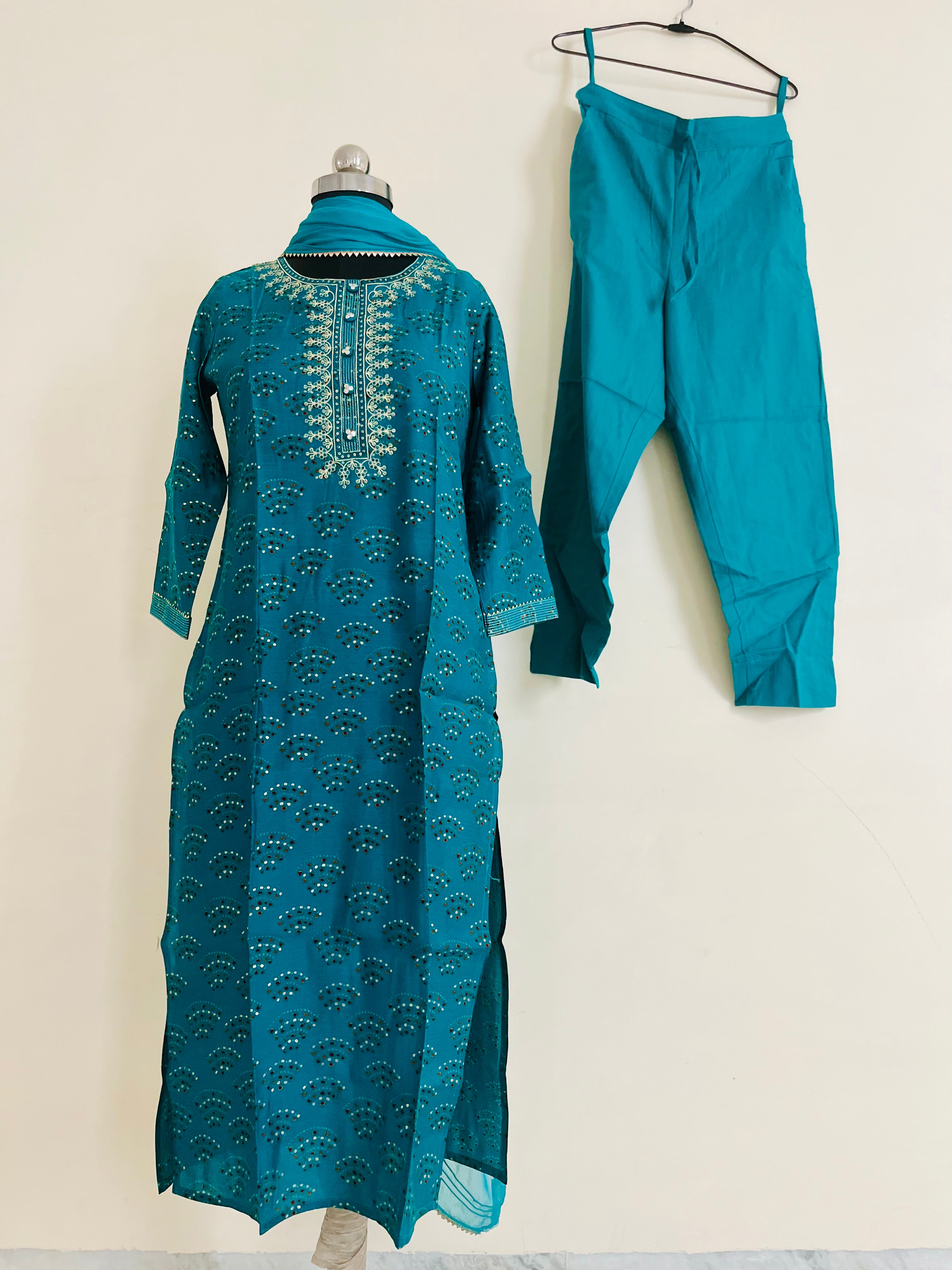 Turquoise Kurta Set With Dupatta by Indian Wear with Ethnic Wear, Indian Wear, Kurta Pant Sets, Kurta Set with Dupattas, Natural, Regular Fit, Turquoise, Womenswear at Kamakhyaa for sustainable fashion