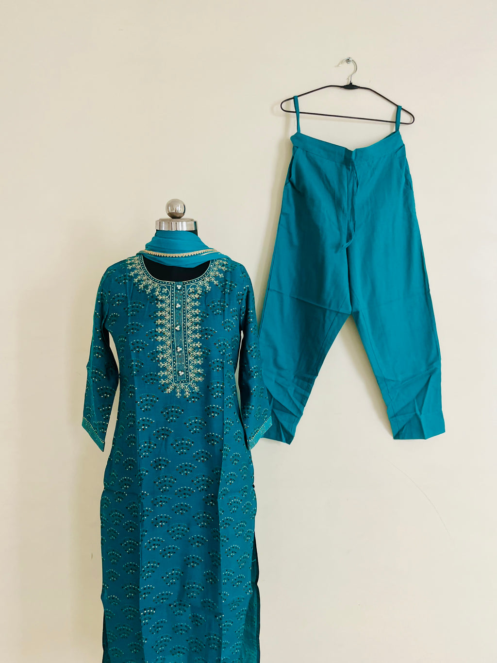 Turquoise Kurta Set With Dupatta by Indian Wear with Ethnic Wear, Indian Wear, Kurta Pant Sets, Kurta Set with Dupattas, Natural, Regular Fit, Turquoise, Womenswear at Kamakhyaa for sustainable fashion