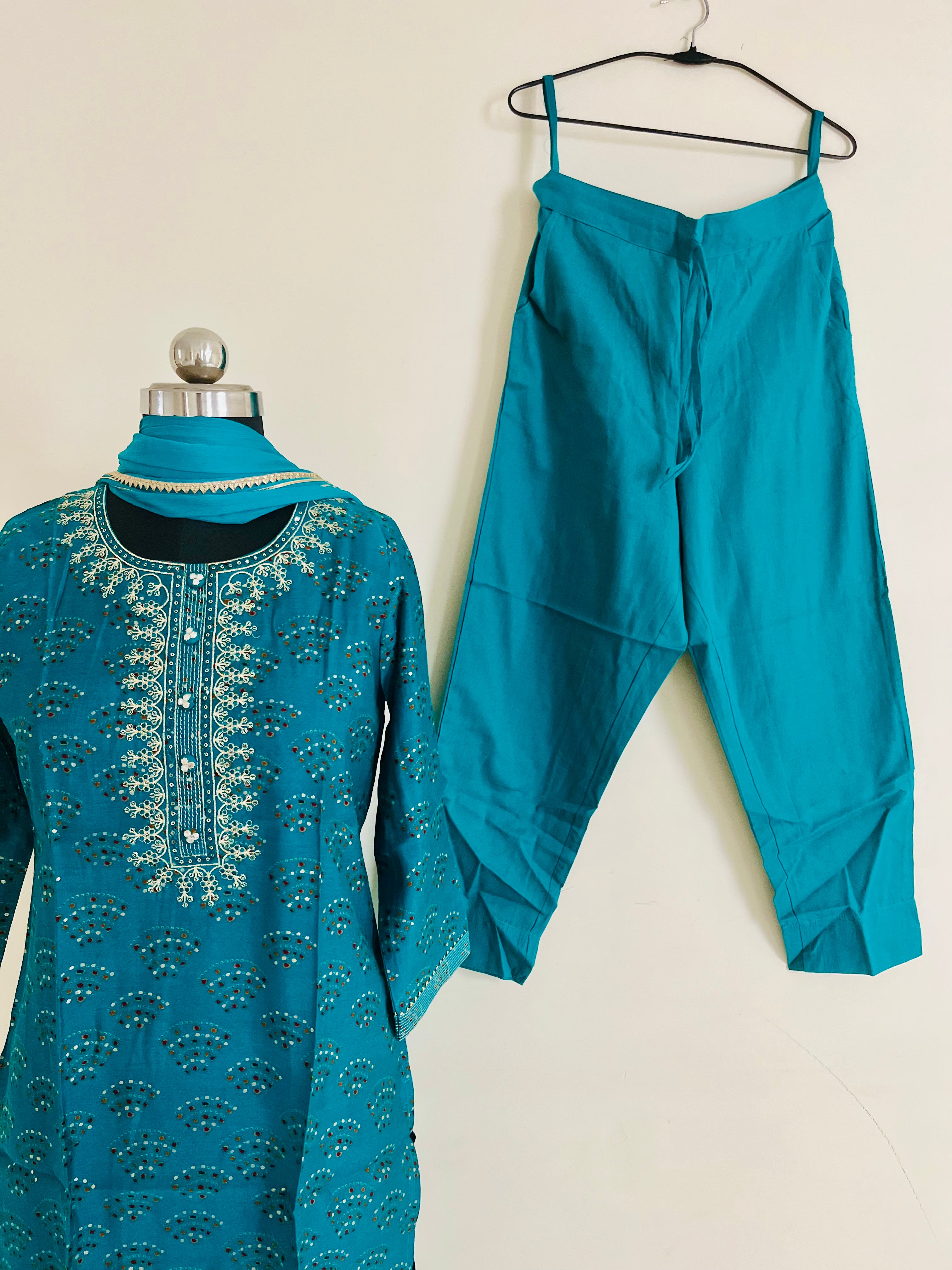 Turquoise Kurta Set With Dupatta by Indian Wear with Ethnic Wear, Indian Wear, Kurta Pant Sets, Kurta Set with Dupattas, Natural, Regular Fit, Turquoise, Womenswear at Kamakhyaa for sustainable fashion