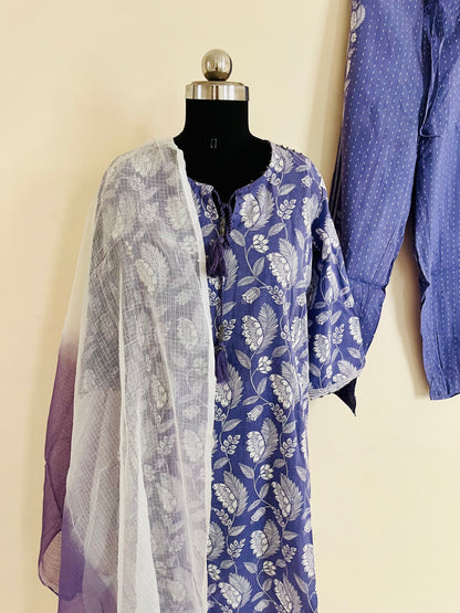 Purple Cotton Kurta Set With Mask by Indian Wear with Cotton, Ethnic Wear, Kurta Pant Sets, Kurta Set with Dupattas, Natural, Prints, Purple, Regular Fit, Womenswear at Kamakhyaa for sustainable fashion