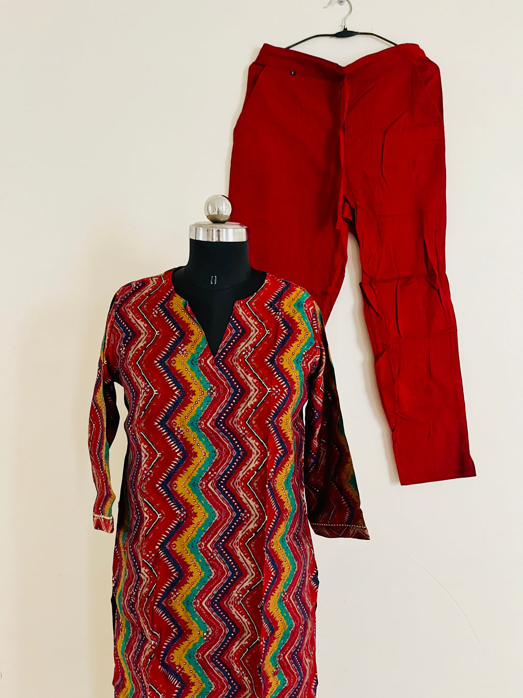 Red with Multicolor Stripe Kurta Pant set with Dupatta by Indian Wear with at Kamakhyaa for sustainable fashion