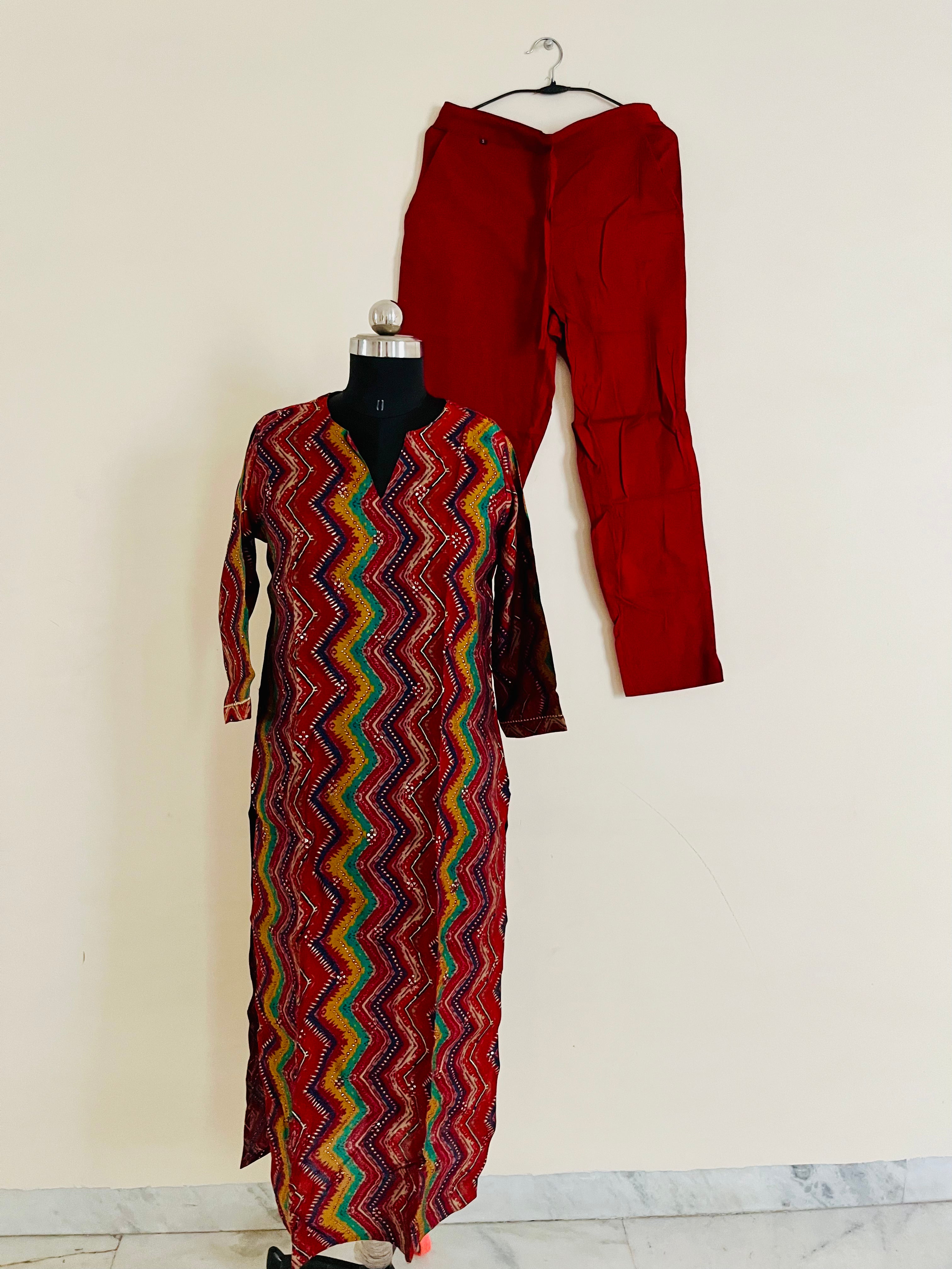 Red with Multicolor Stripe Kurta Pant set with Dupatta by Indian Wear with at Kamakhyaa for sustainable fashion