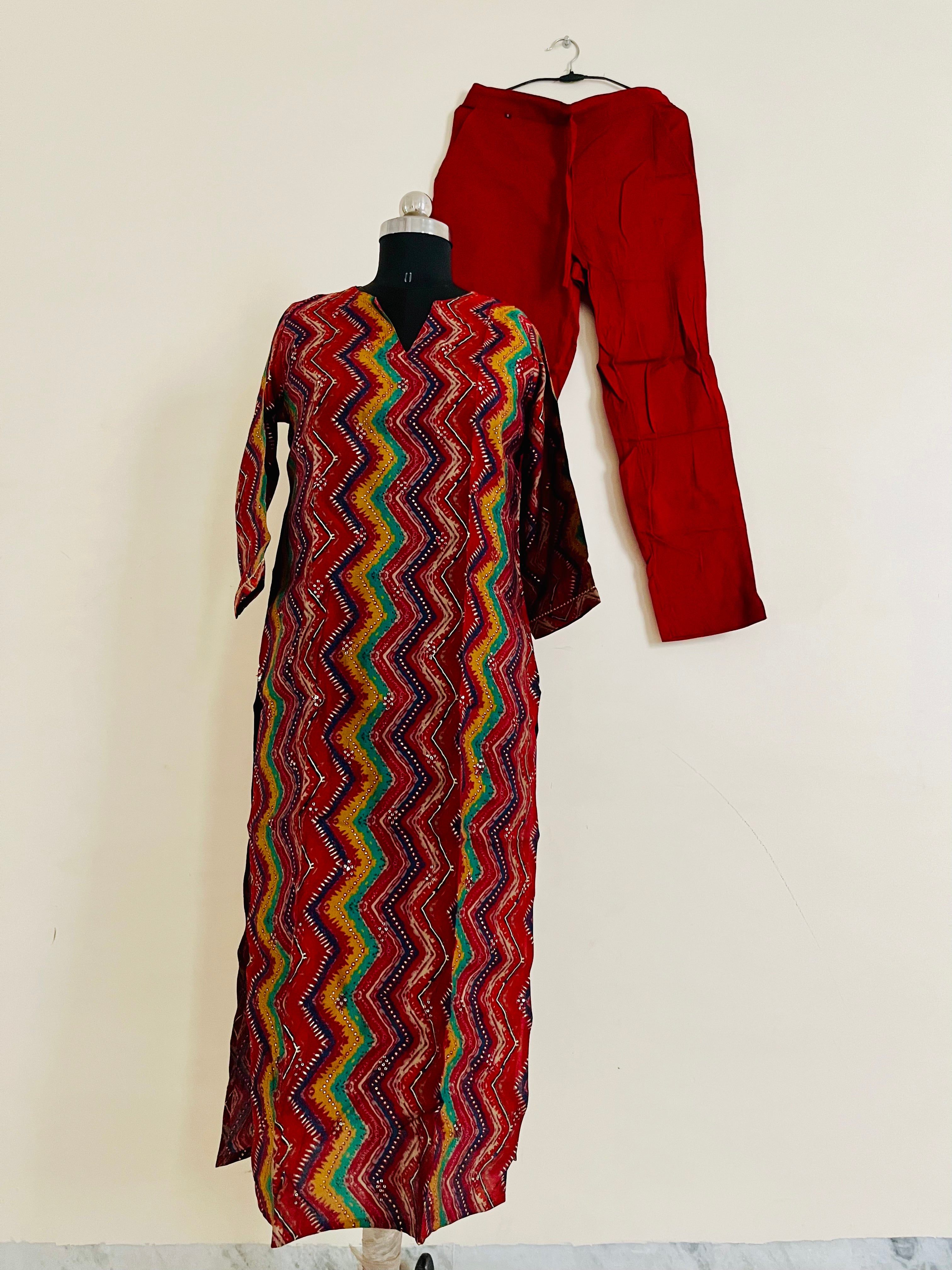 Red with Multicolor Stripe Kurta Pant set with Dupatta by Indian Wear with at Kamakhyaa for sustainable fashion