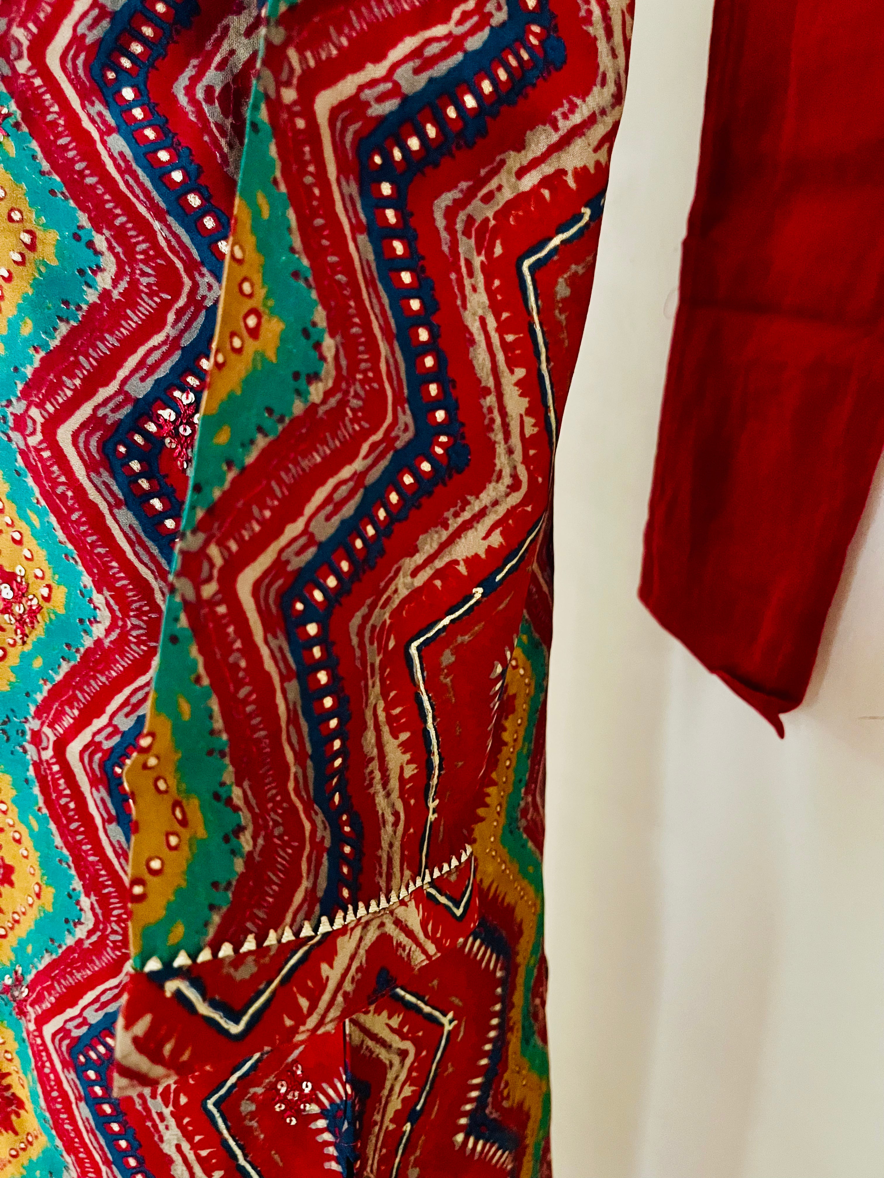 Red with Multicolor Stripe Kurta Pant set with Dupatta by Indian Wear with at Kamakhyaa for sustainable fashion