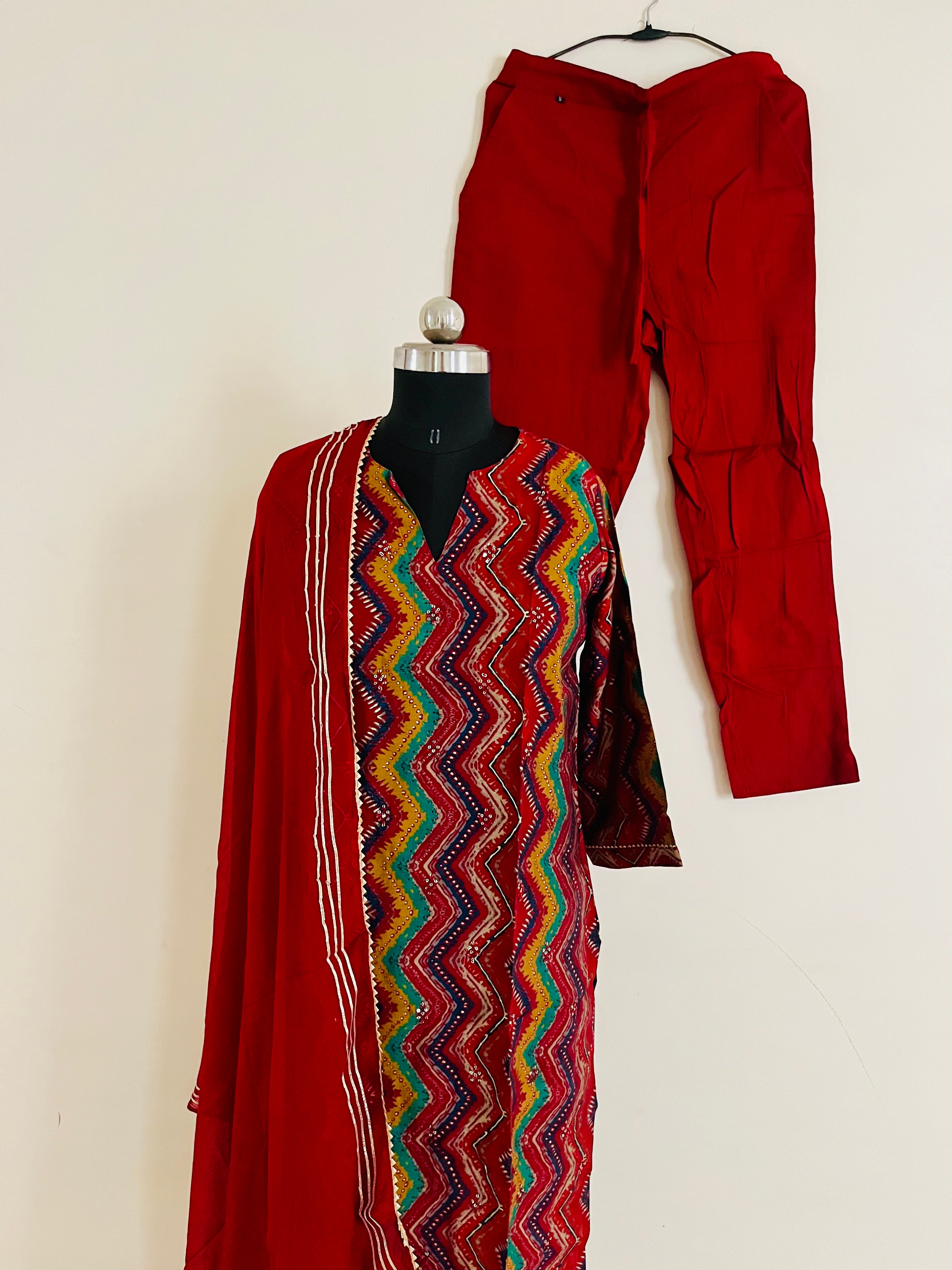 Red with Multicolor Stripe Kurta Pant set with Dupatta by Indian Wear with at Kamakhyaa for sustainable fashion