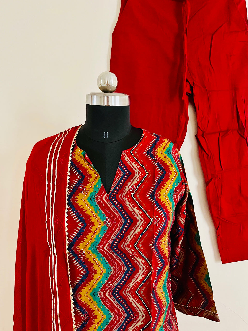 Red with Multicolor Stripe Kurta Pant set with Dupatta by Indian Wear with at Kamakhyaa for sustainable fashion