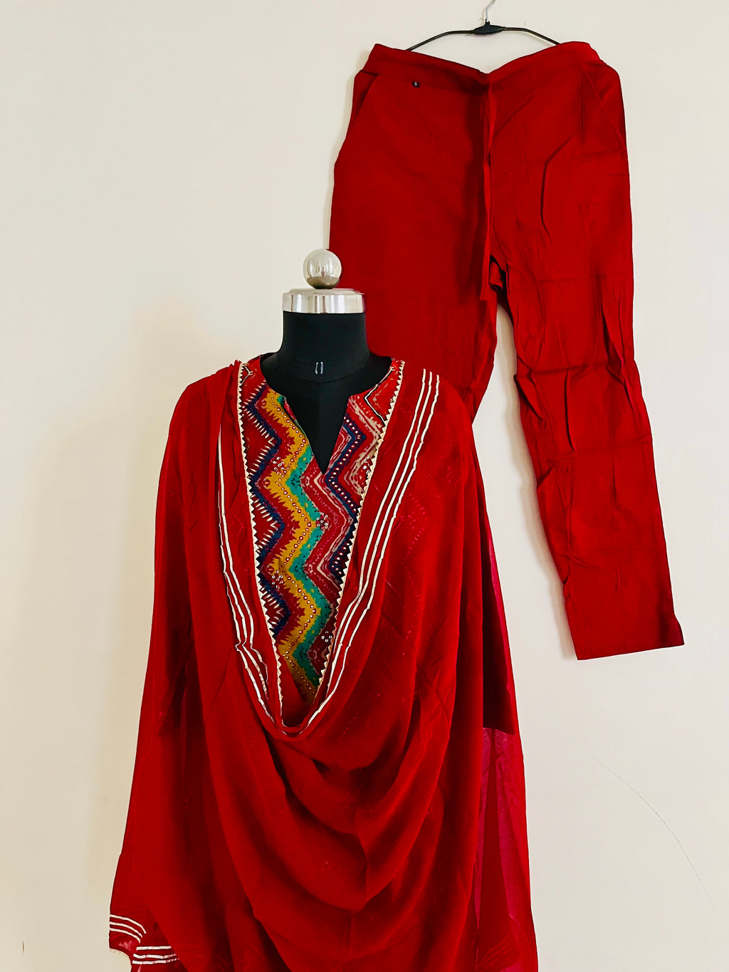 Red with Multicolor Stripe Kurta Pant set with Dupatta by Indian Wear with at Kamakhyaa for sustainable fashion