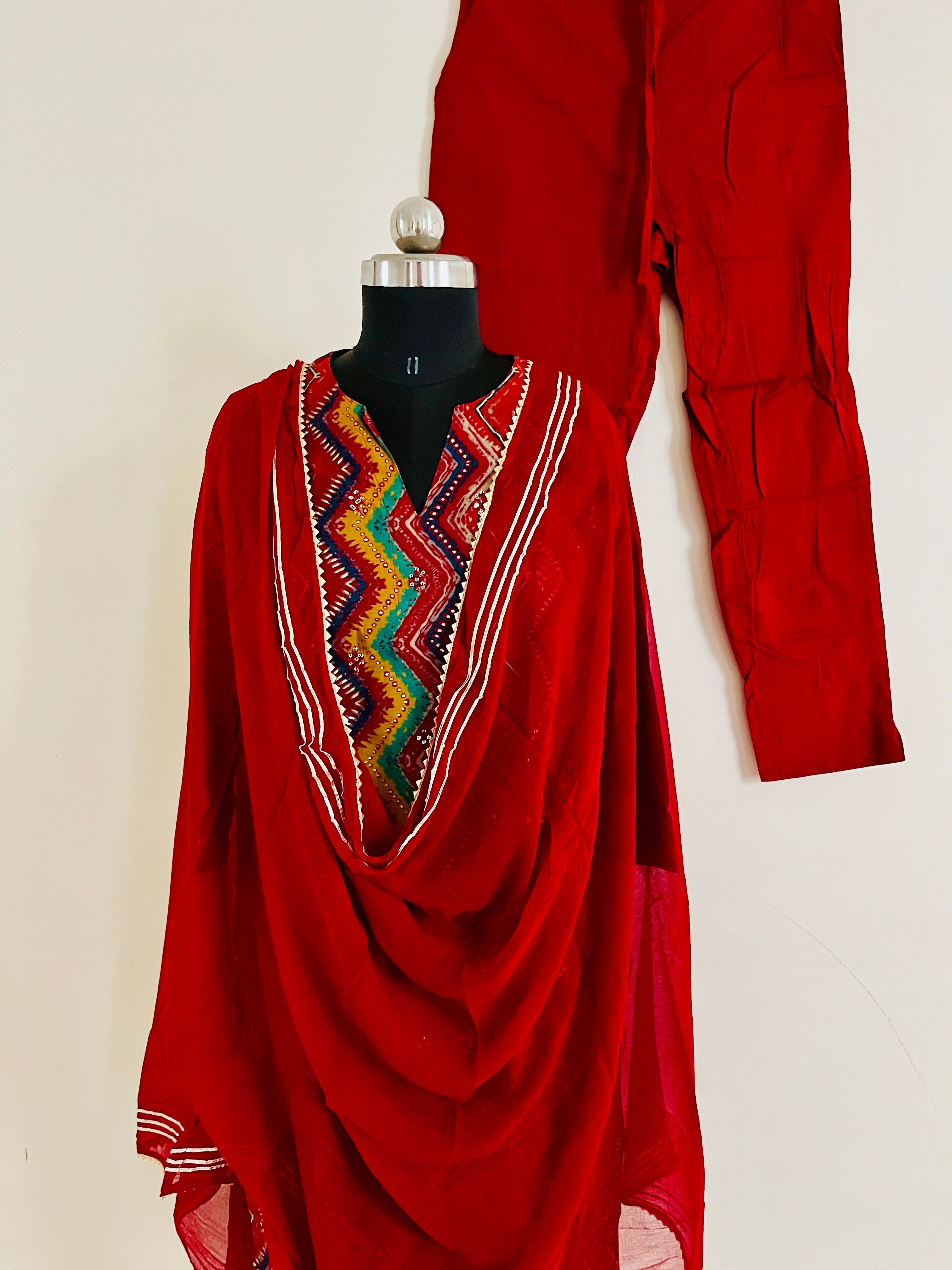 Red with Multicolor Stripe Kurta Pant set with Dupatta by Indian Wear with at Kamakhyaa for sustainable fashion