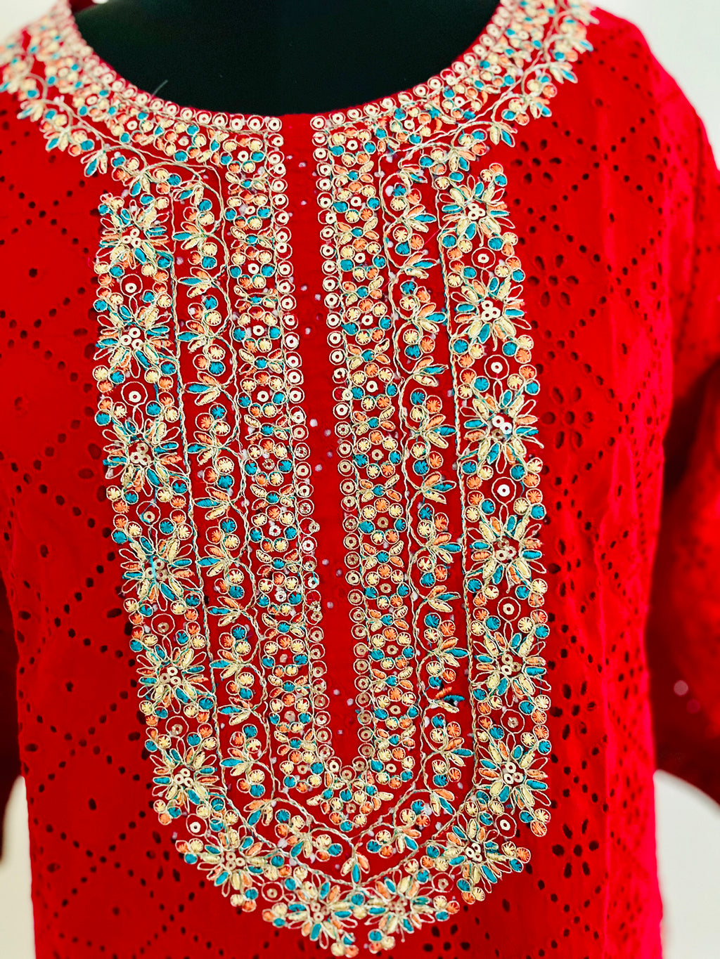 Red Cotton Cutwork Kurta Set With Dupatta by Indian Wear with Cotton, Cutwork, Ethnic Wear, Kurta Pant Sets, Kurta Set with Dupattas, Natural, Red, Regular Fit, Womenswear at Kamakhyaa for sustainable fashion