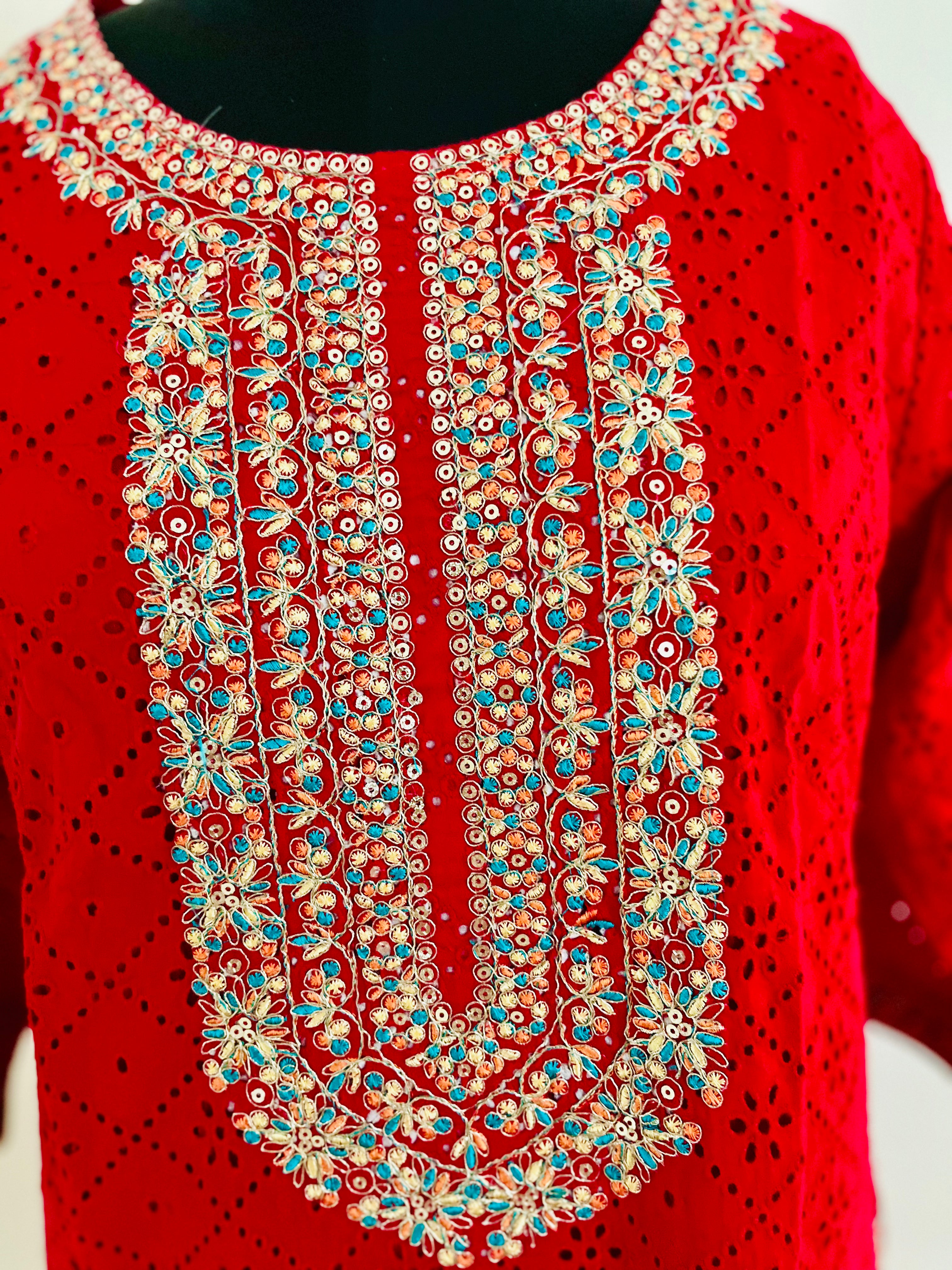 Red Cotton Cutwork Kurta Set With Dupatta by Indian Wear with Cotton, Cutwork, Ethnic Wear, Kurta Pant Sets, Kurta Set with Dupattas, Natural, Red, Regular Fit, Womenswear at Kamakhyaa for sustainable fashion