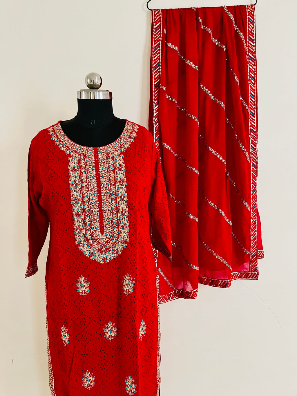 Red Cotton Cutwork Kurta Set With Dupatta by Indian Wear with Cotton, Cutwork, Ethnic Wear, Kurta Pant Sets, Kurta Set with Dupattas, Natural, Red, Regular Fit, Womenswear at Kamakhyaa for sustainable fashion