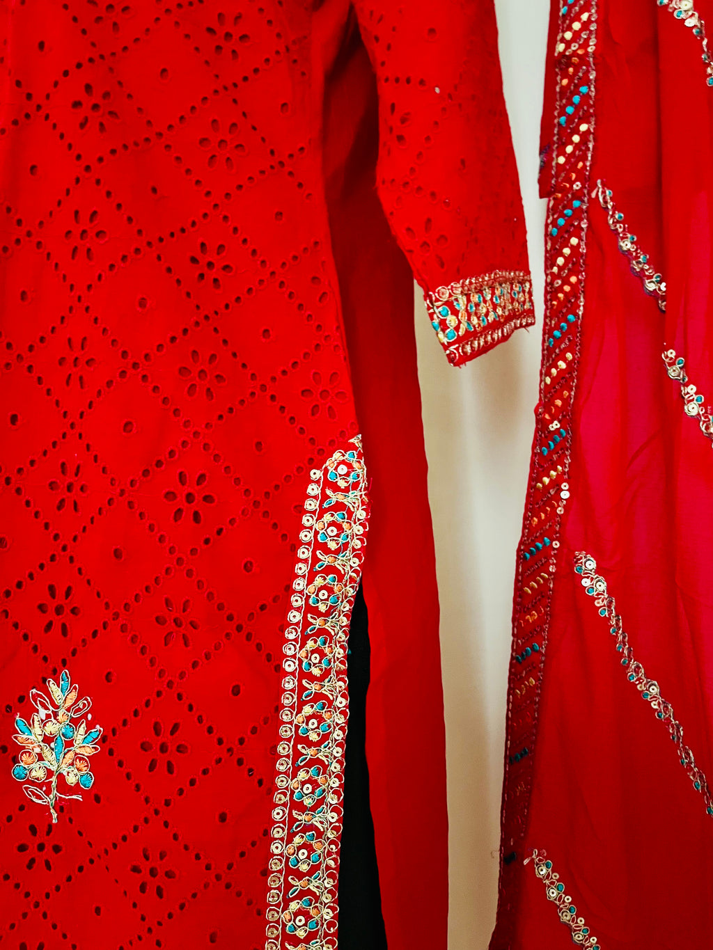 Red Cotton Cutwork Kurta Set With Dupatta by Indian Wear with Cotton, Cutwork, Ethnic Wear, Kurta Pant Sets, Kurta Set with Dupattas, Natural, Red, Regular Fit, Womenswear at Kamakhyaa for sustainable fashion