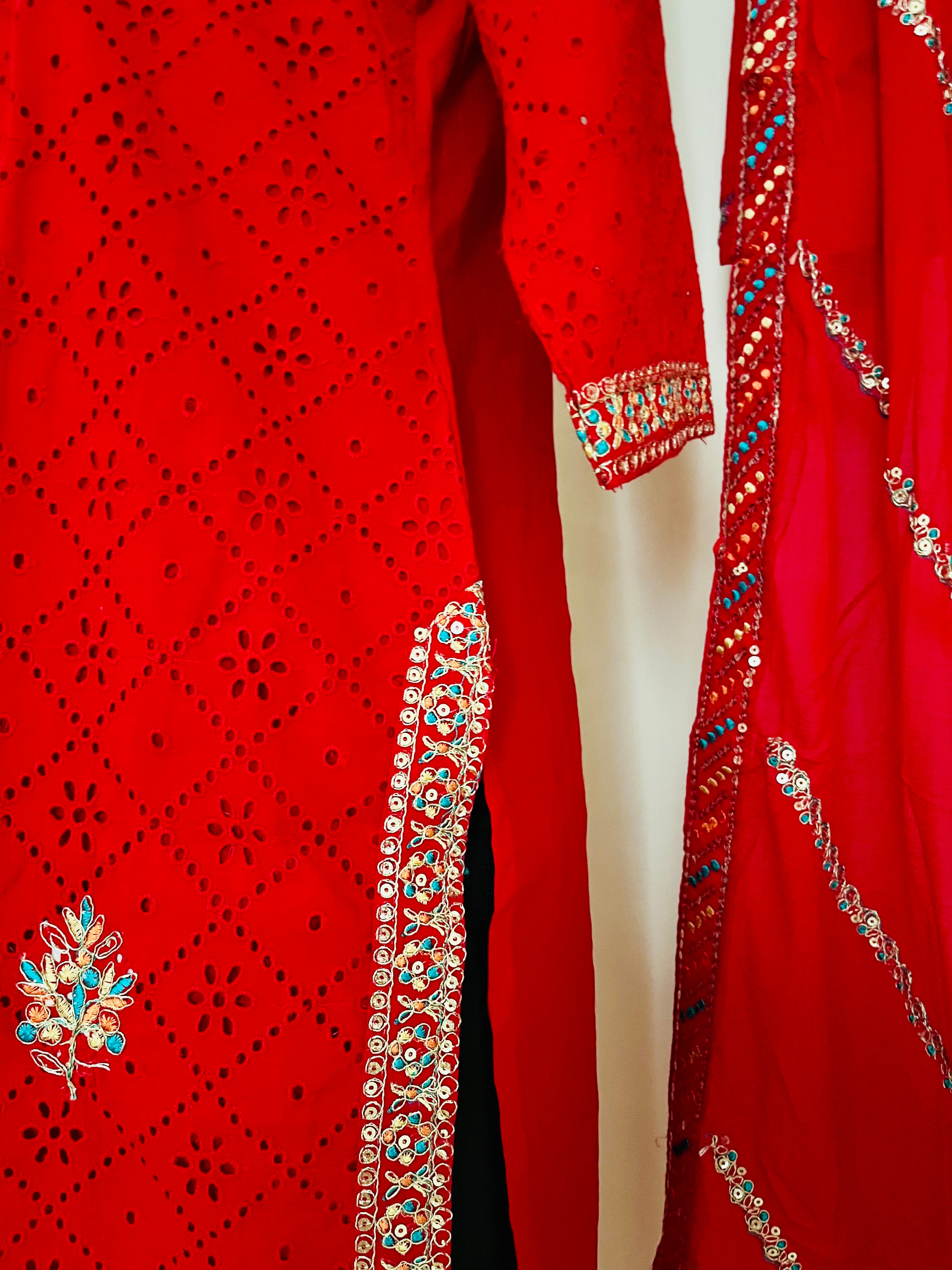 Red Cotton Cutwork Kurta Set With Dupatta by Indian Wear with Cotton, Cutwork, Ethnic Wear, Kurta Pant Sets, Kurta Set with Dupattas, Natural, Red, Regular Fit, Womenswear at Kamakhyaa for sustainable fashion