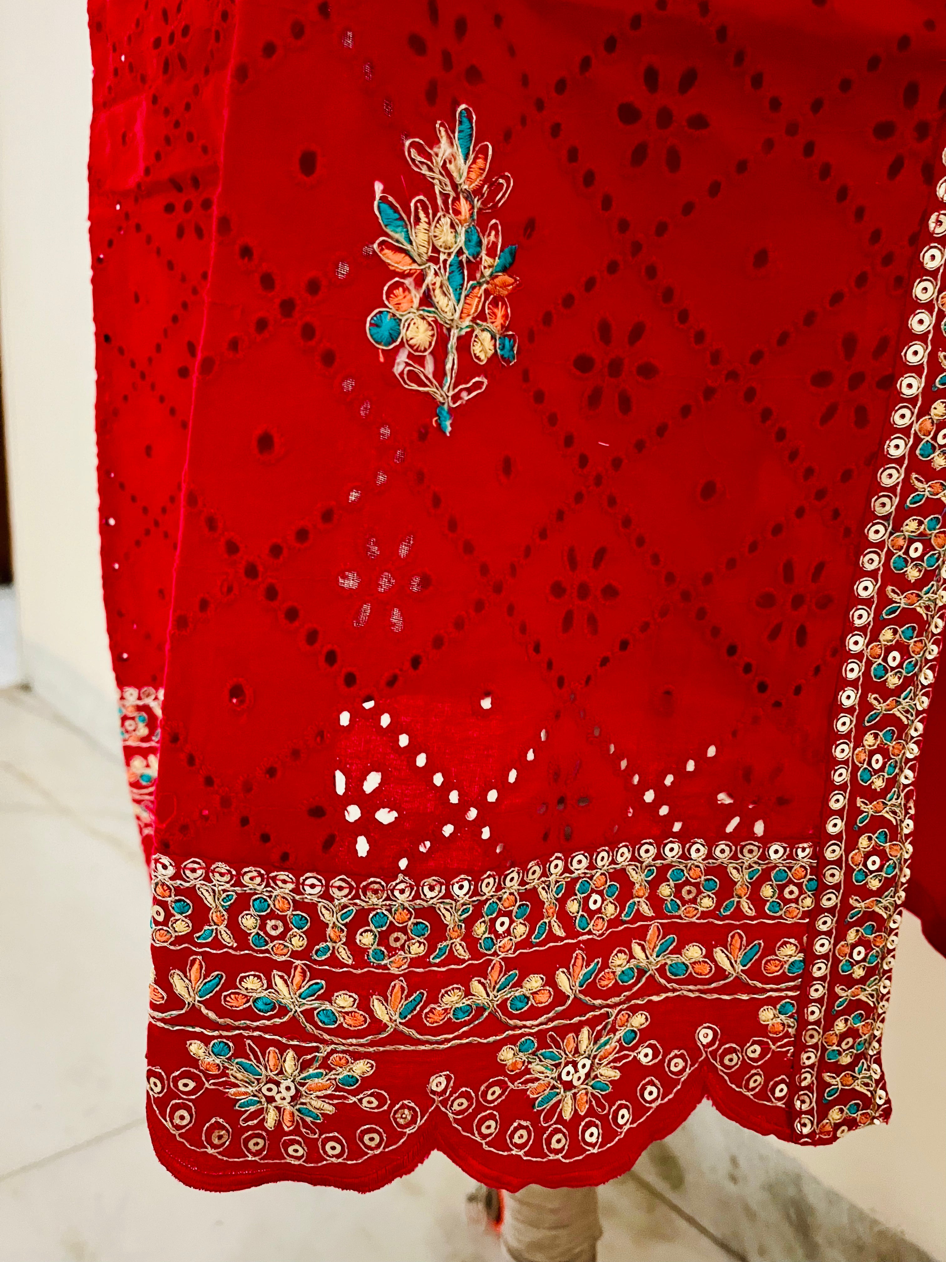 Red Cotton Cutwork Kurta Set With Dupatta by Indian Wear with Cotton, Cutwork, Ethnic Wear, Kurta Pant Sets, Kurta Set with Dupattas, Natural, Red, Regular Fit, Womenswear at Kamakhyaa for sustainable fashion