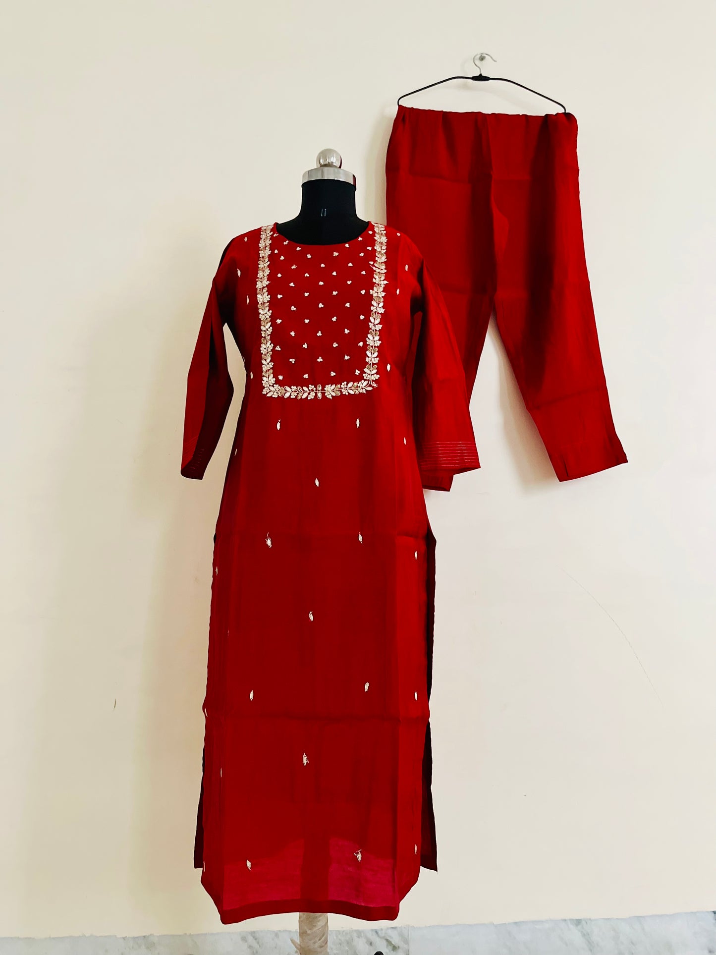 Red Zari Embroidered Kurta Set With Dupatta by Indian Wear with Embroidered, Ethnic Wear, Kurta Pant Sets, Kurta Set with Dupattas, Natural, Red, Regular Fit, Silk, Wedding Wear, Womenswear at Kamakhyaa for sustainable fashion