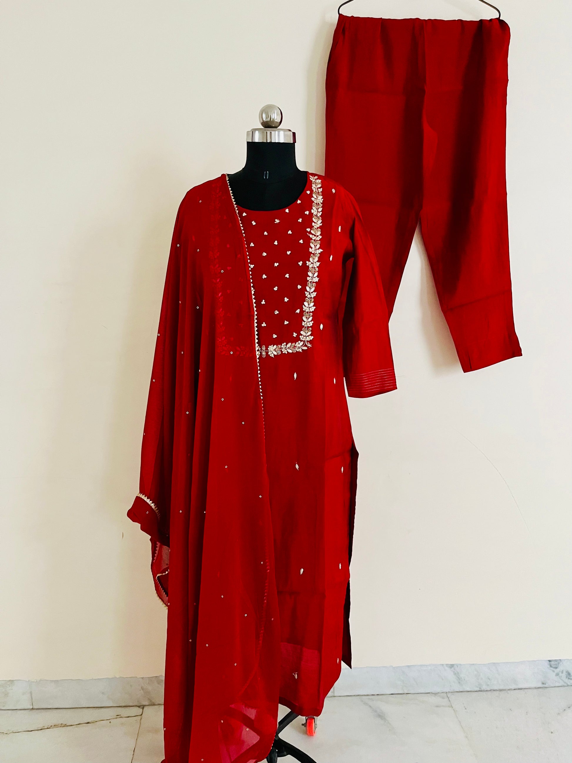 Red Zari Embroidered Kurta Set With Dupatta by Indian Wear with Embroidered, Ethnic Wear, Kurta Pant Sets, Kurta Set with Dupattas, Natural, Red, Regular Fit, Silk, Wedding Wear, Womenswear at Kamakhyaa for sustainable fashion