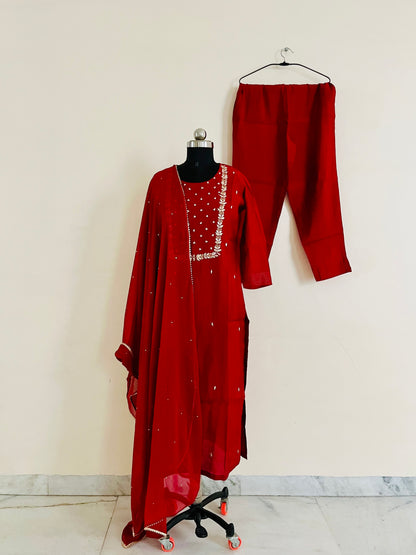 Red Zari Embroidered Kurta Set With Dupatta by Indian Wear with Embroidered, Ethnic Wear, Kurta Pant Sets, Kurta Set with Dupattas, Natural, Red, Regular Fit, Silk, Wedding Wear, Womenswear at Kamakhyaa for sustainable fashion