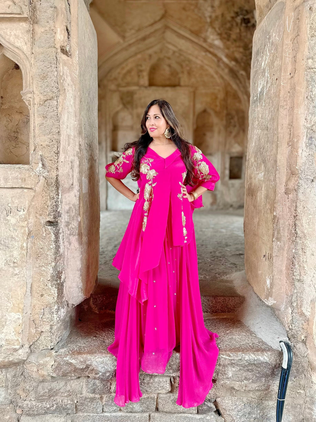 Georgette Pink Embroidered Set by Ewoke with Georgette, Nostalgia's Thread by Ewoke, sustainable fashion at Kamakhyaa for sustainable fashion