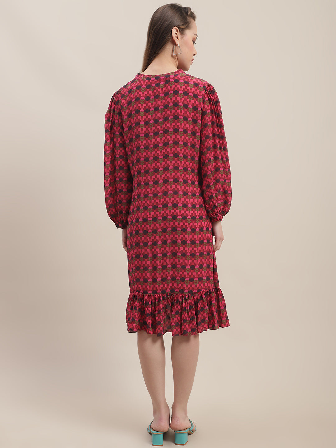 Crepe Caroline A-line dress by Ewoke with Crepe, Midi Dress, Nostalgia's Thread by Ewoke, printed dress, red dress, red printed dress, womens midi dress at Kamakhyaa for sustainable fashion