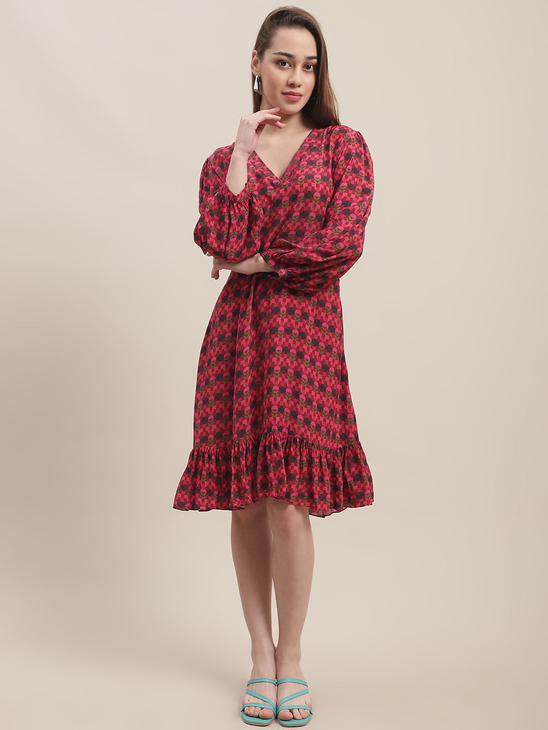 Crepe Caroline A-line dress by Ewoke with Crepe, Midi Dress, Nostalgia's Thread by Ewoke, printed dress, red dress, red printed dress, womens midi dress at Kamakhyaa for sustainable fashion