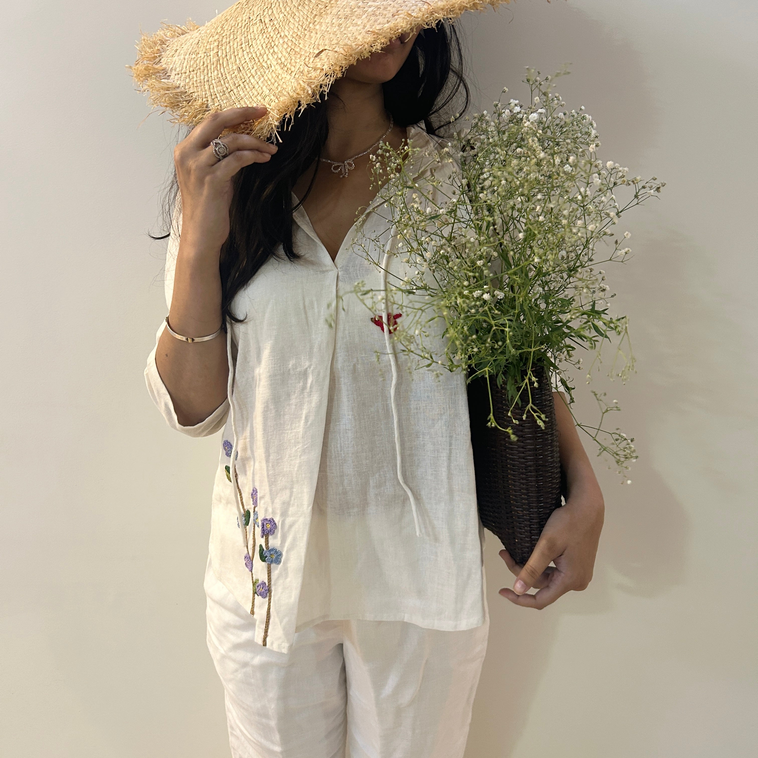 White Serene Stich Linen Top & Trouser Set by Ikriit'm with Linen at Kamakhyaa for sustainable fashion