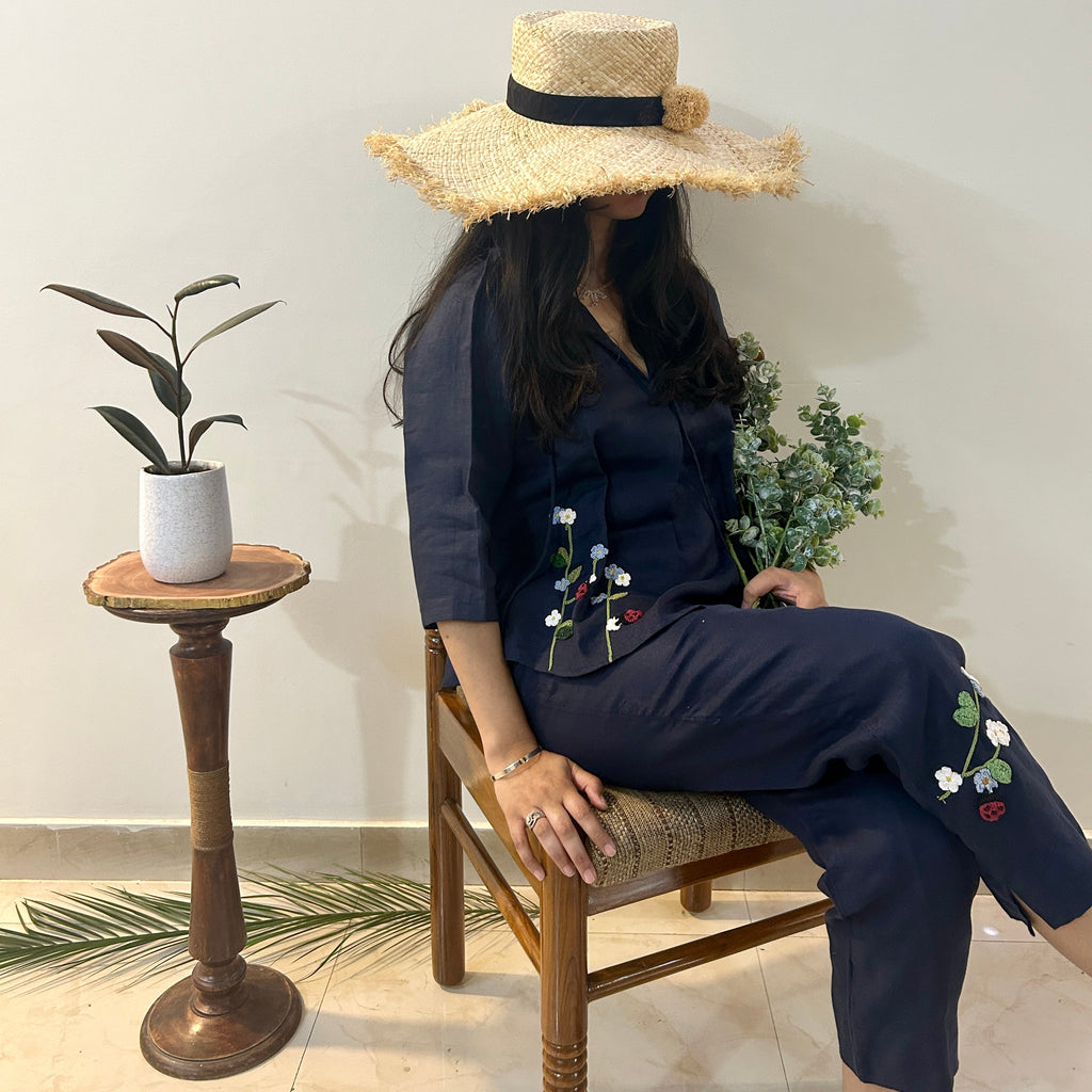 Indigo Serene Stich Linen Top & Trouser Set by Ikriit'm with Linen at Kamakhyaa for sustainable fashion