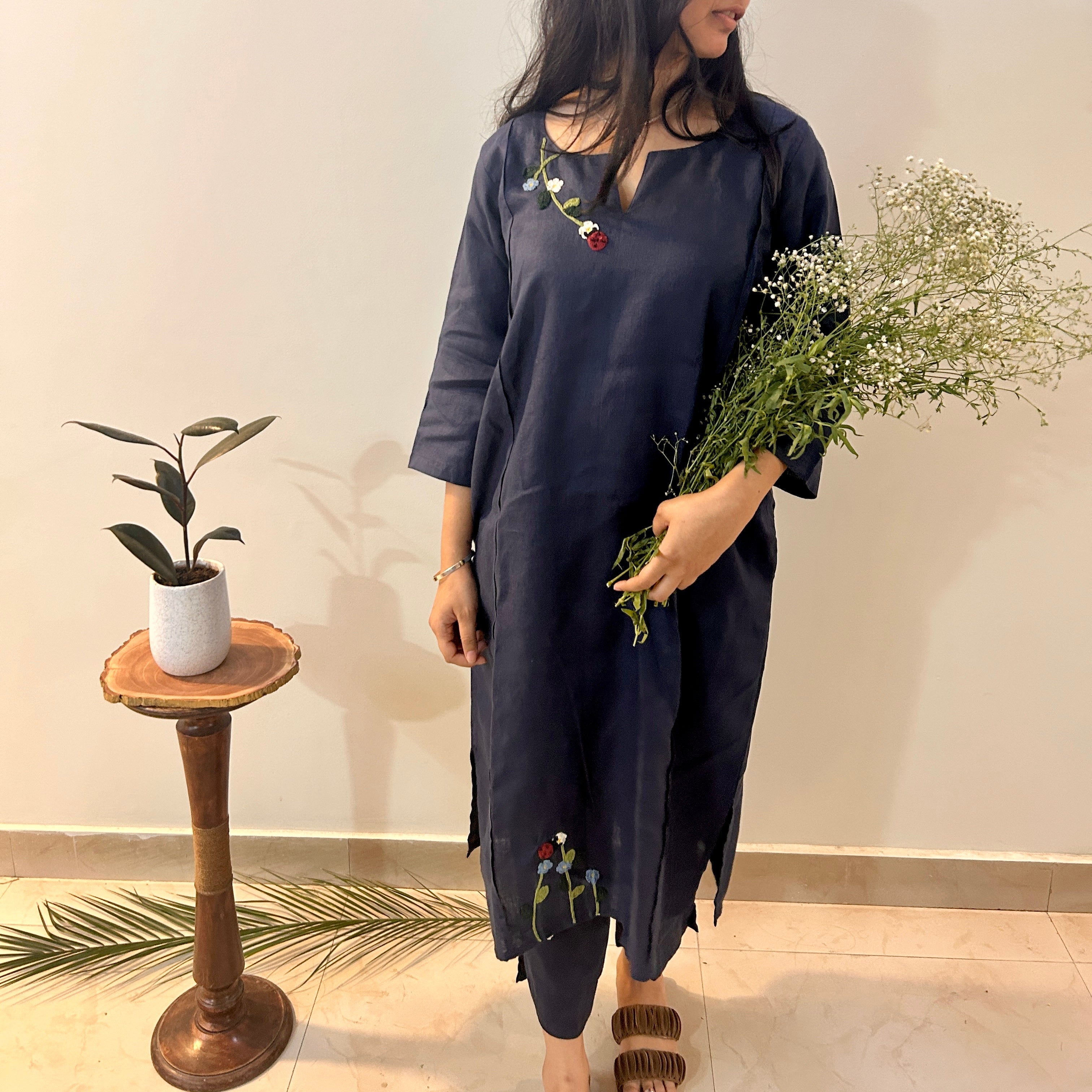 Indigo Bloom Linen Set of Dress & Trouser by Ikriit'm with Linen at Kamakhyaa for sustainable fashion