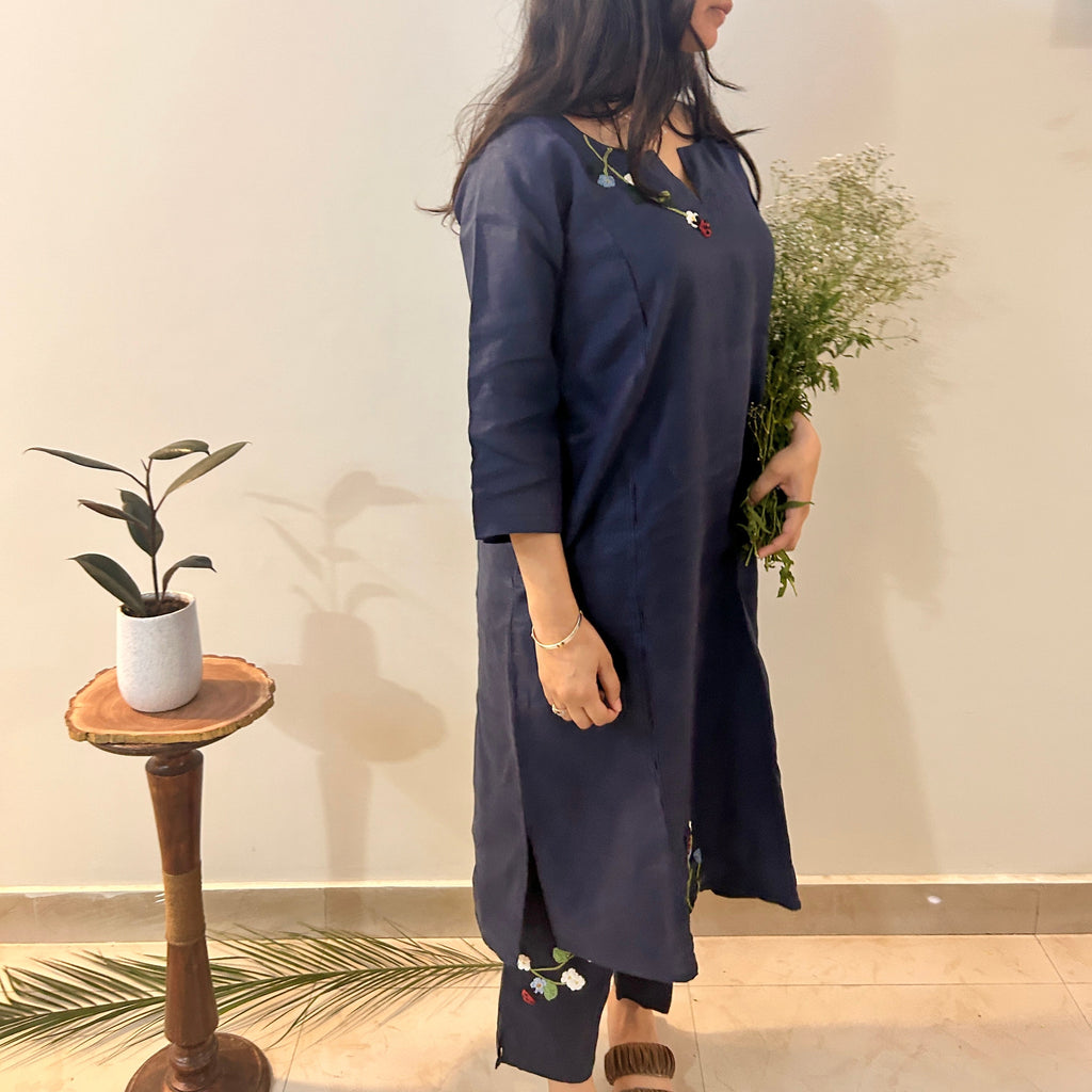 Indigo Bloom Linen Set of Dress & Trouser by Ikriit'm with Linen at Kamakhyaa for sustainable fashion