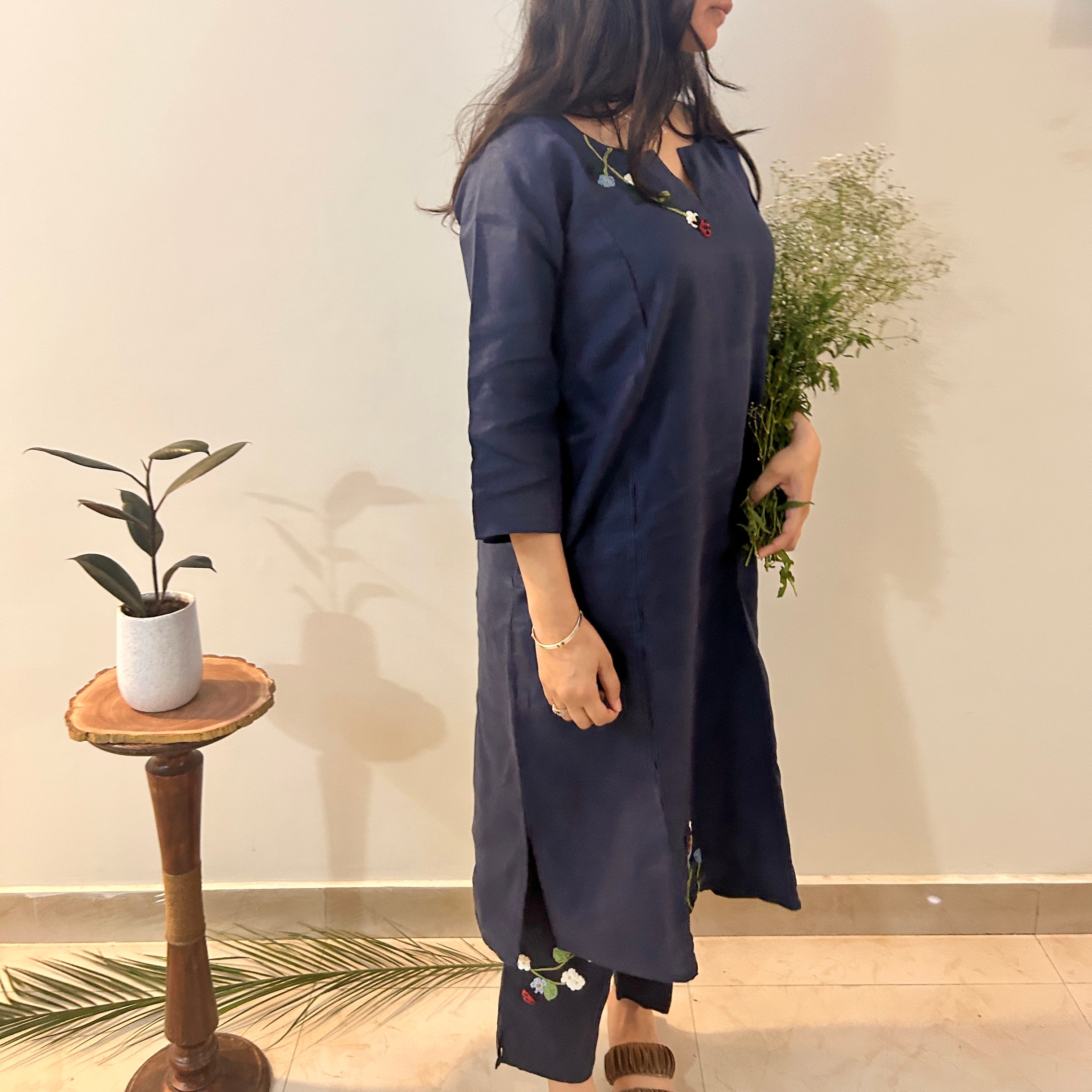 Indigo Bloom Linen Set of Dress & Trouser by Ikriit'm with Linen at Kamakhyaa for sustainable fashion
