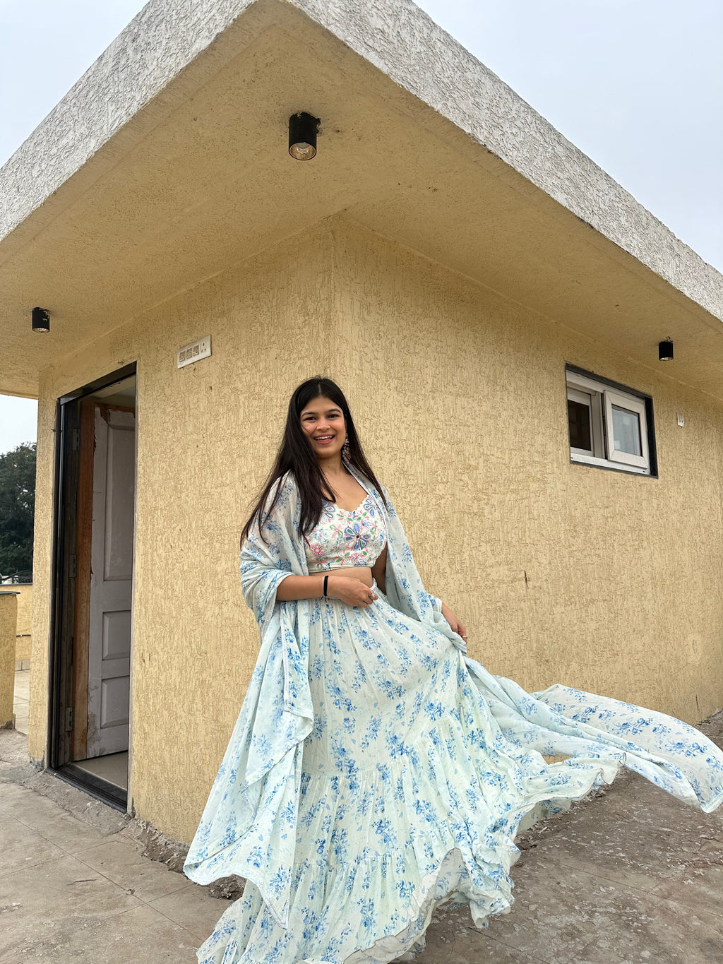 Crepe Ava Lehenga Set by Ewoke with Crepe, ivory lehenga, Nostalgia's Thread by Ewoke, printed lehenga, sustainable fashion, wedding lehengas, white printed lehengas at Kamakhyaa for sustainable fashion